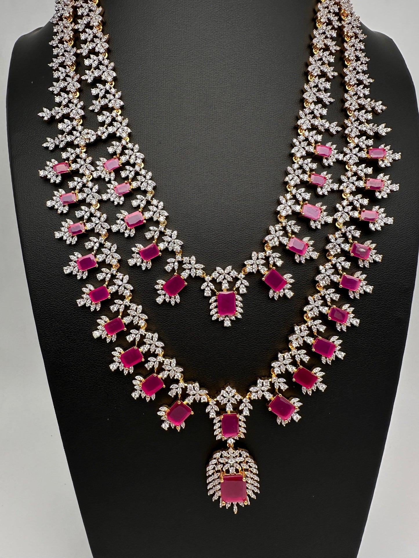 AD  Diamond Double Layer Color Stone Long Necklace - Red