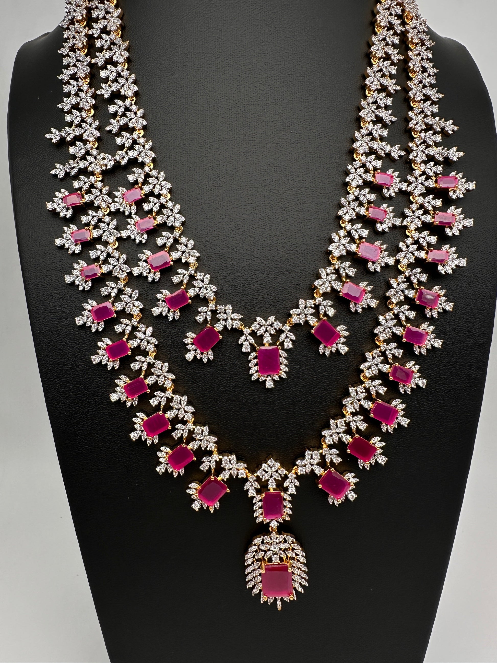AD  Diamond Double Layer Color Stone Long Necklace - Red