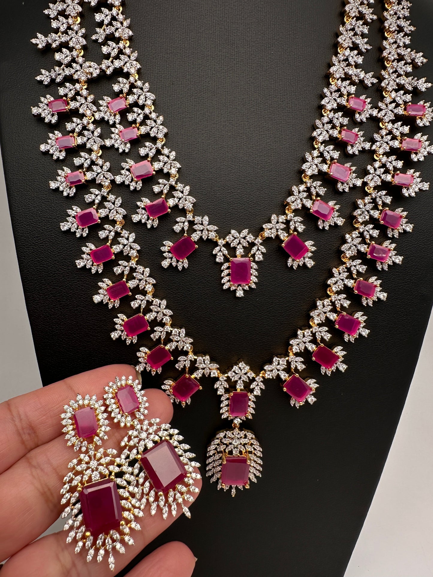 AD  Diamond Double Layer Color Stone Long Necklace - Red