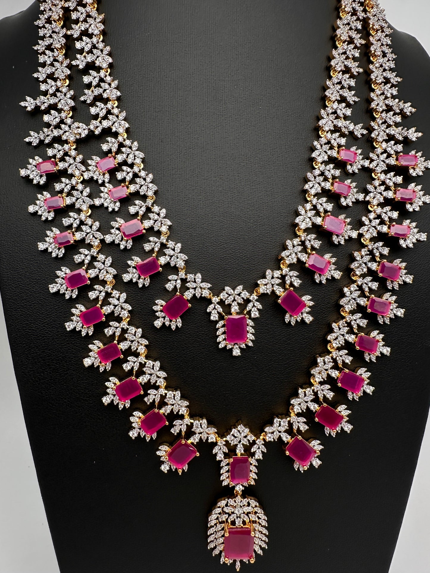 AD  Diamond Double Layer Color Stone Long Necklace - Red
