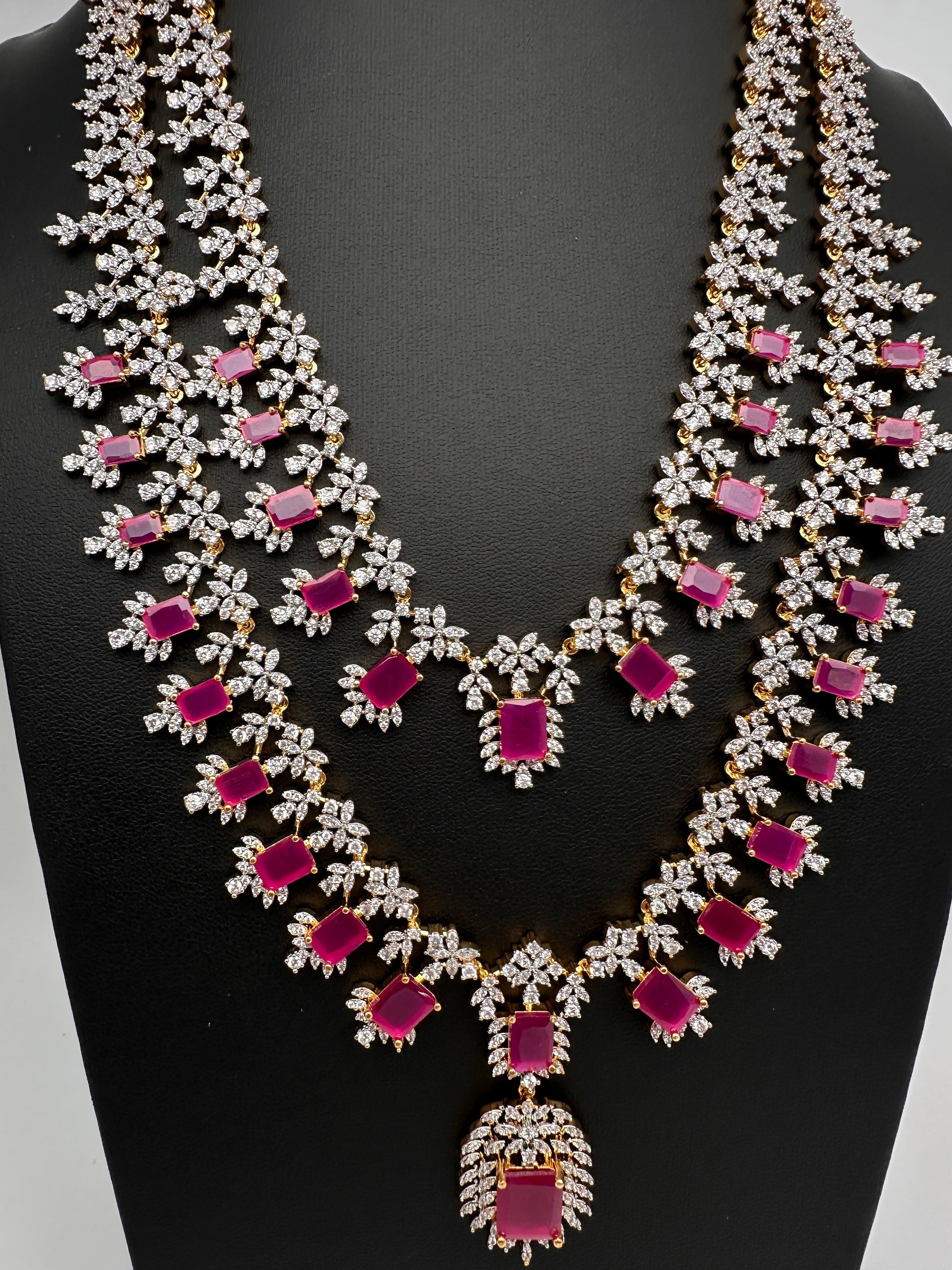 AD  Diamond Double Layer Color Stone Long Necklace - Red