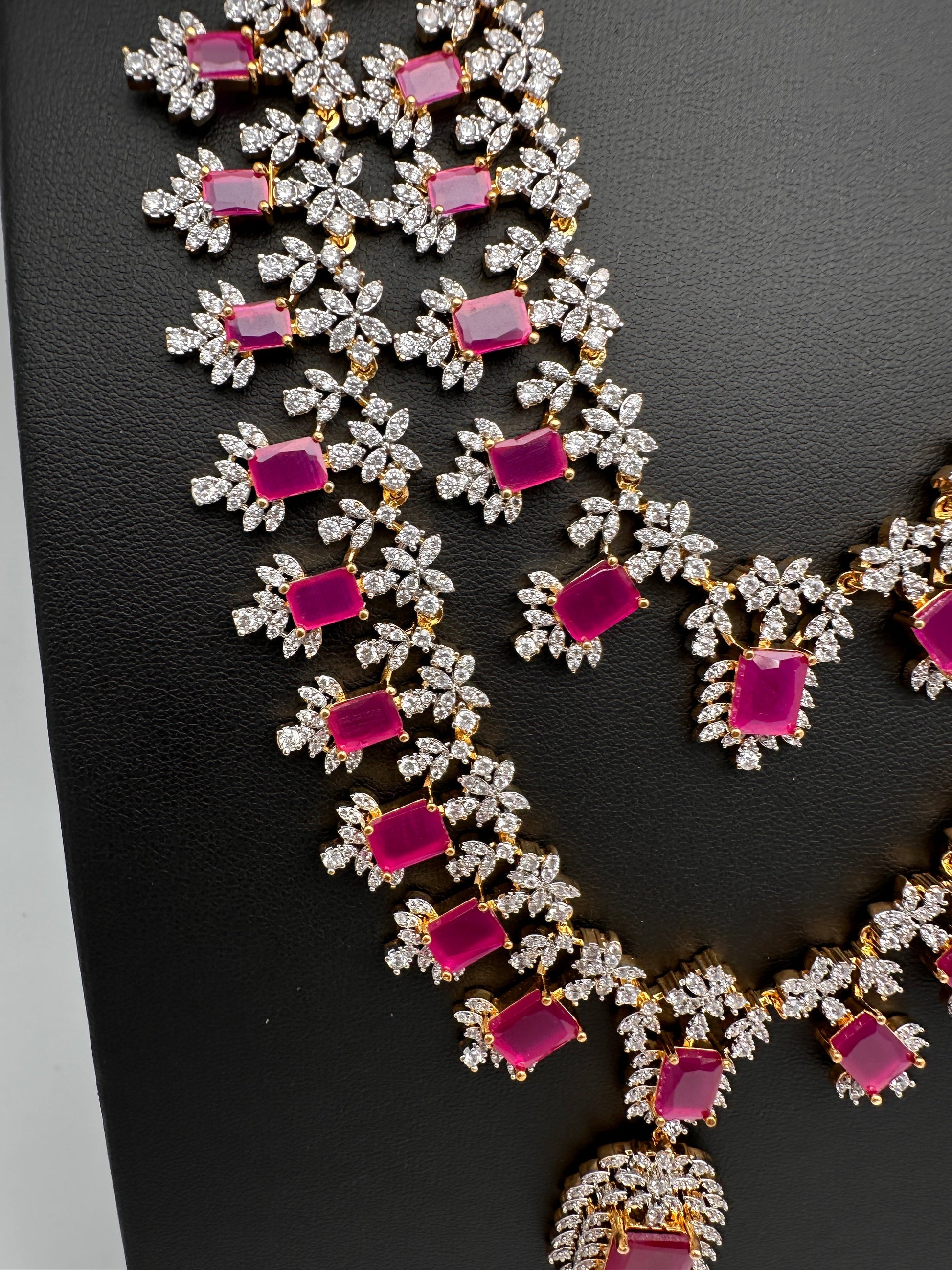 AD  Diamond Double Layer Color Stone Long Necklace - Red