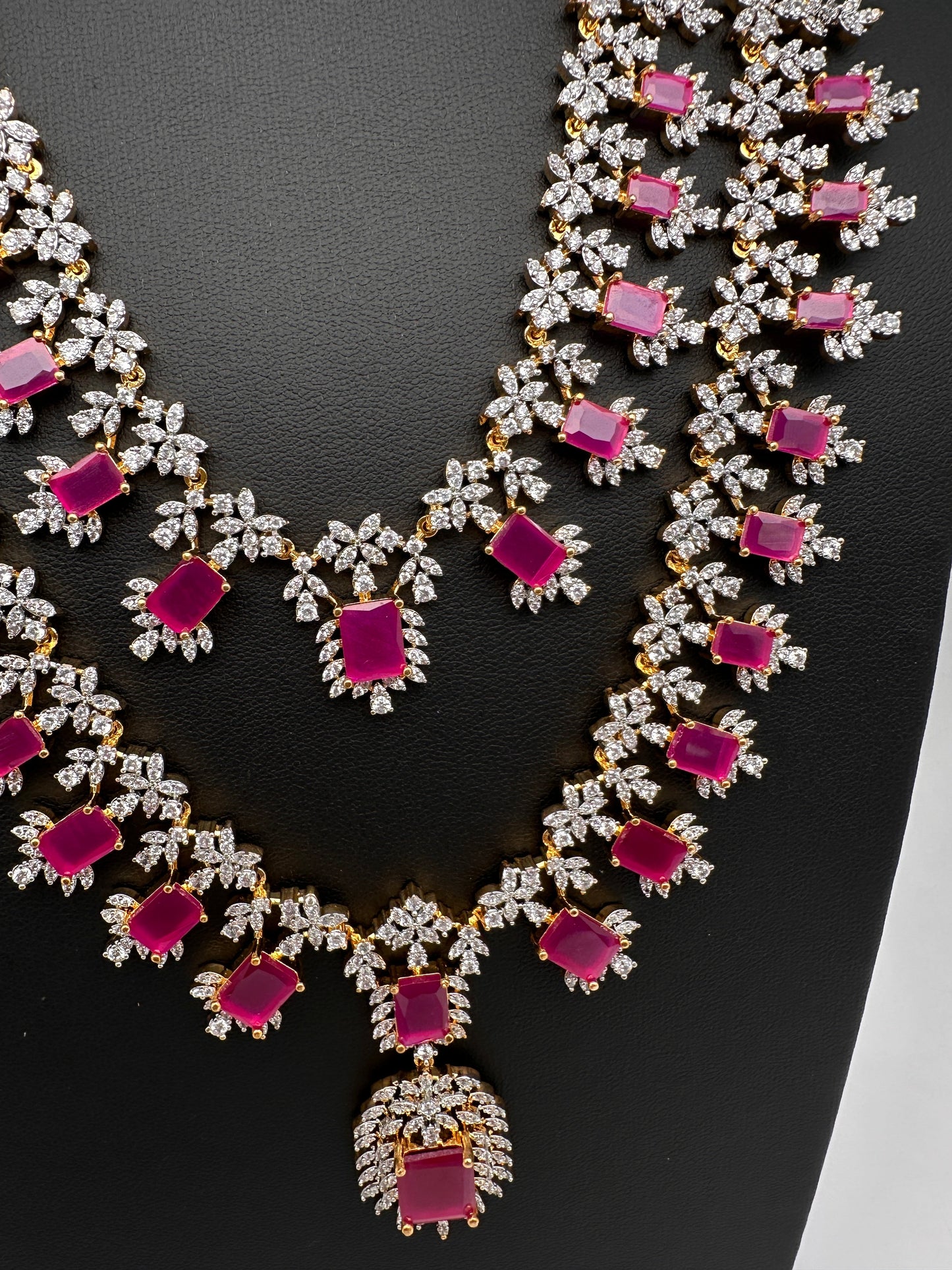 AD  Diamond Double Layer Color Stone Long Necklace - Red