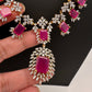 AD  Diamond Double Layer Color Stone Long Necklace - Red