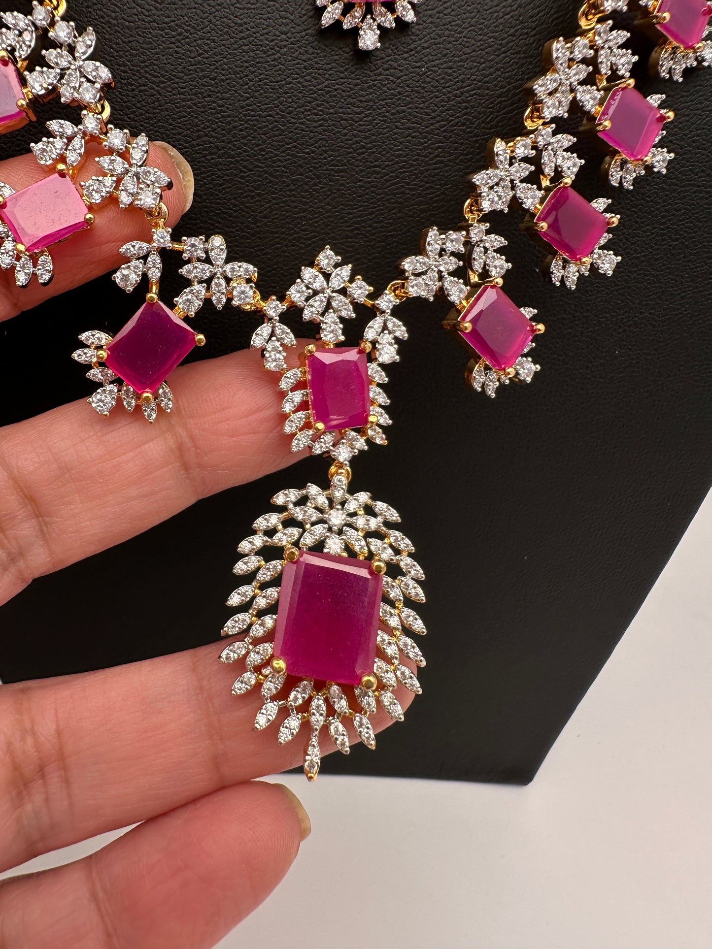 AD  Diamond Double Layer Color Stone Long Necklace - Red