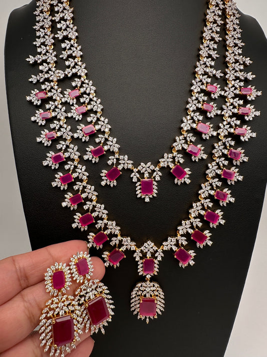 AD  Diamond Double Layer Color Stone Long Necklace - Red