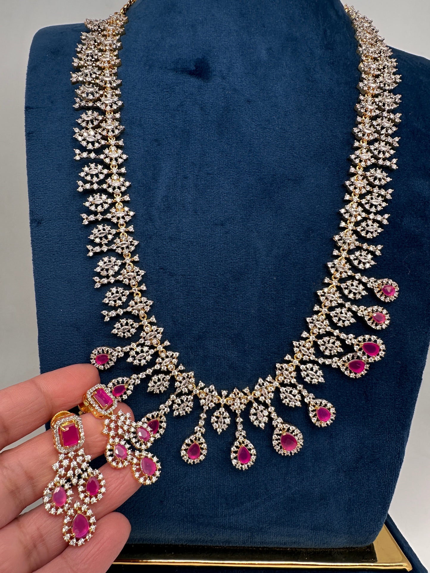 AD  Color Stone Diamond Finish Long Necklace - Red