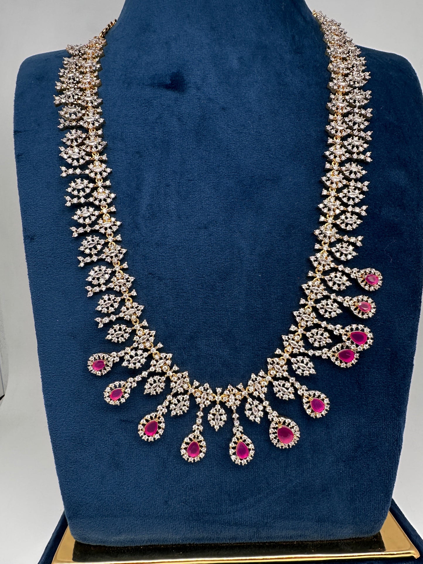 AD  Color Stone Diamond Finish Long Necklace - Red