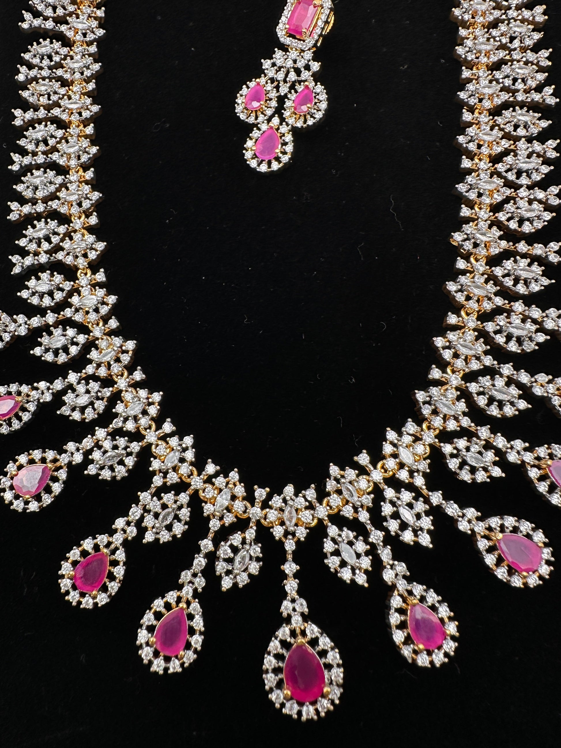 AD  Color Stone Diamond Finish Long Necklace - Red