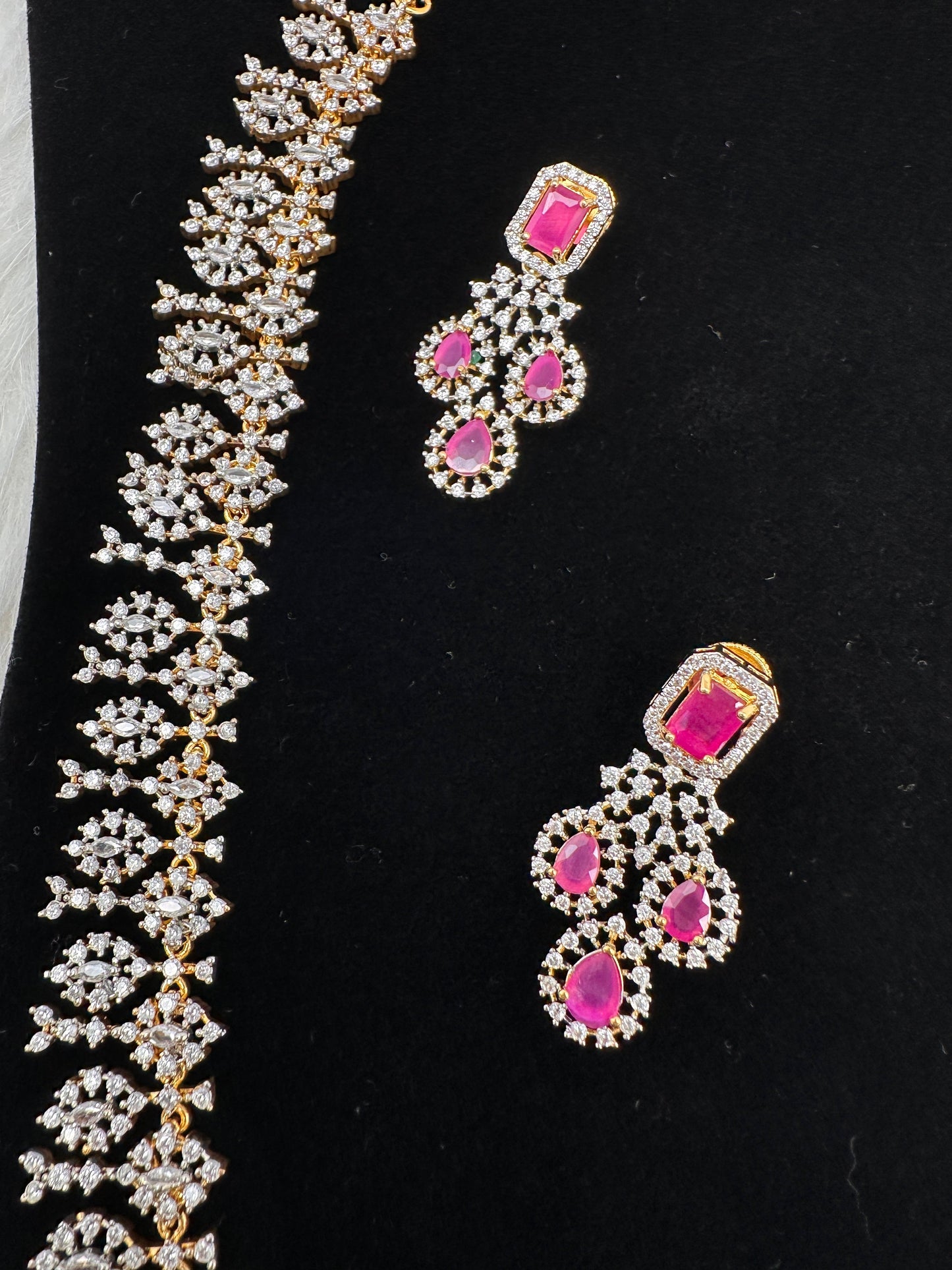 AD  Color Stone Diamond Finish Long Necklace - Red