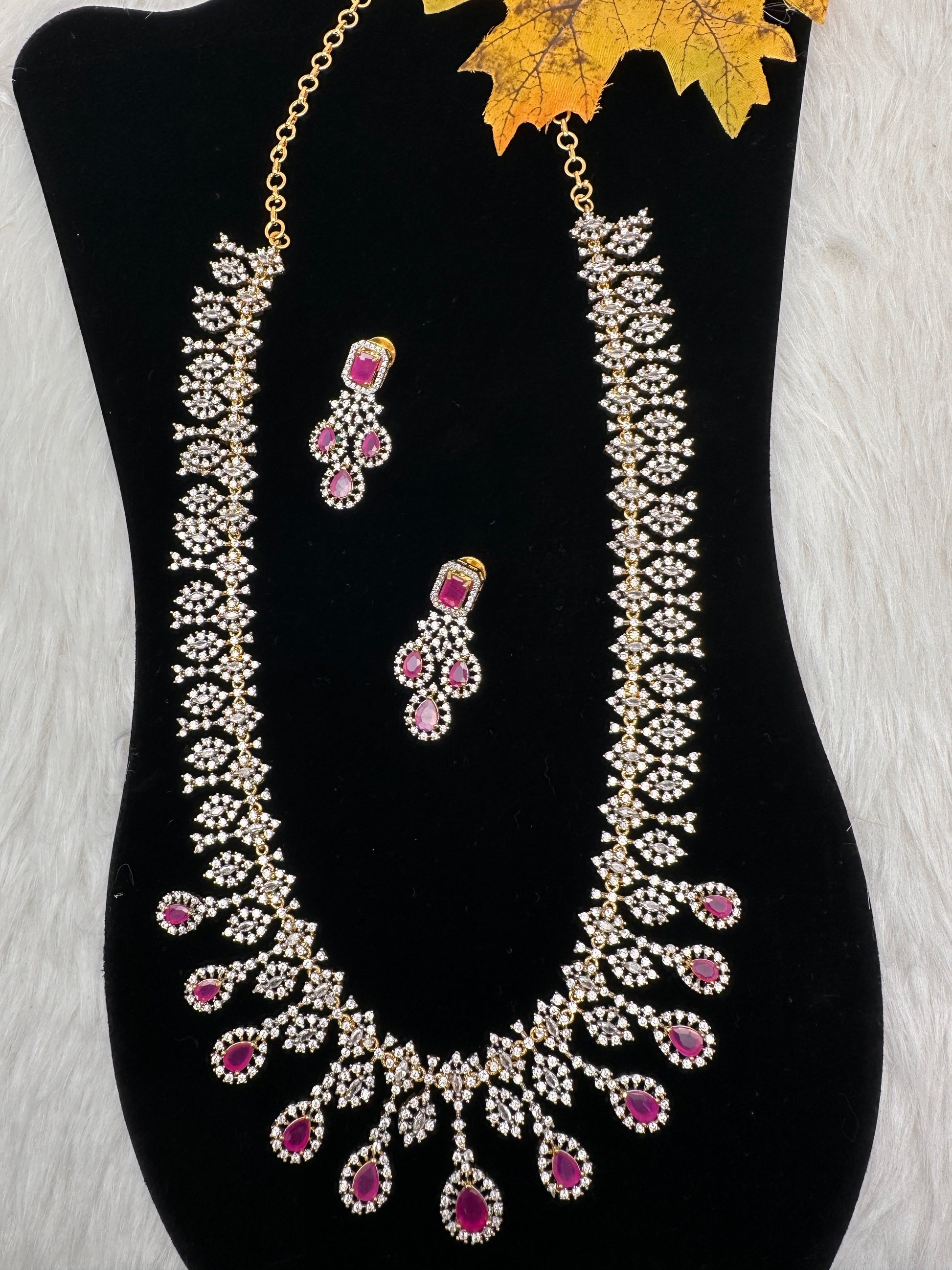 AD  Color Stone Diamond Finish Long Necklace - Red