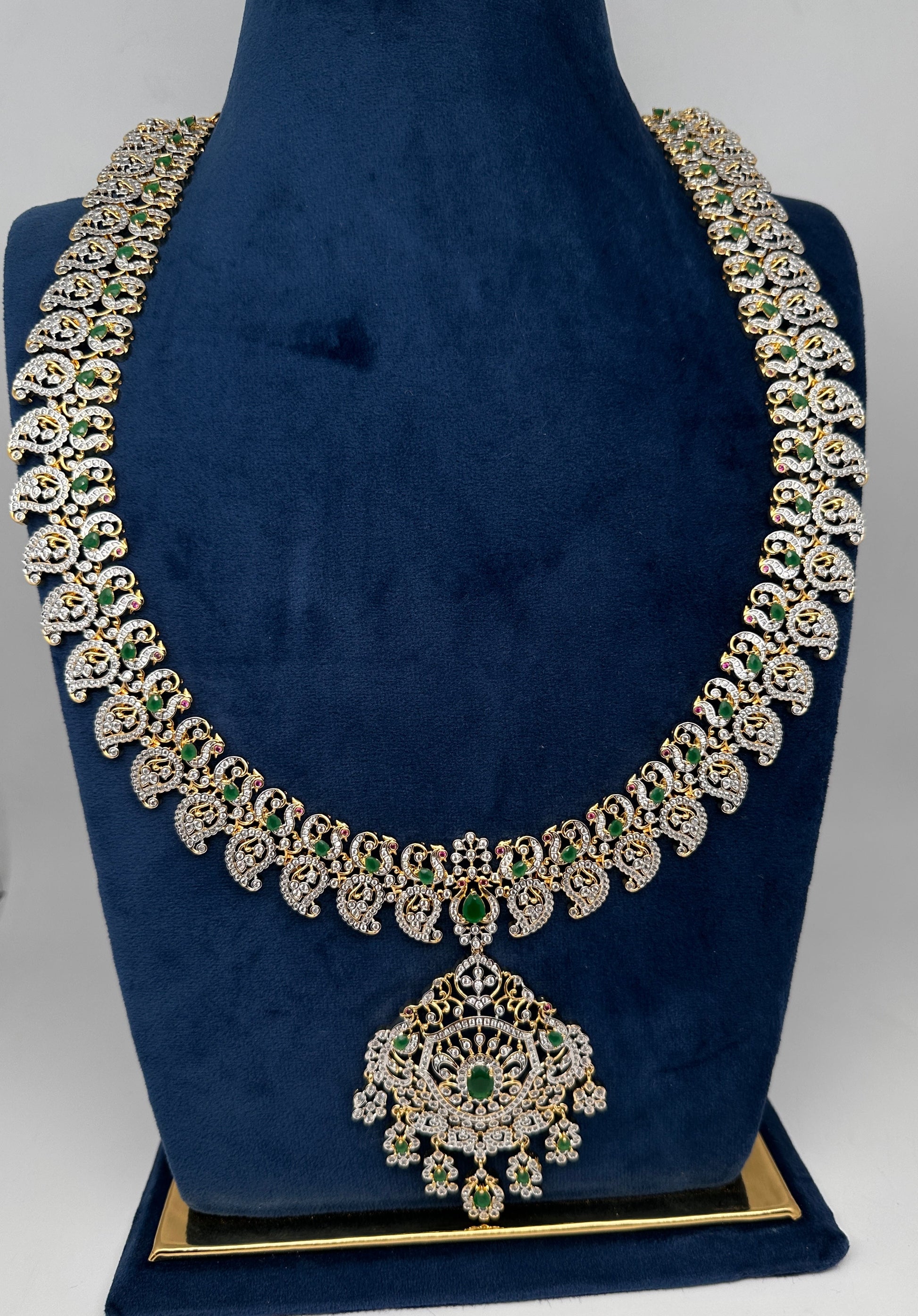 AD  Color Stone Diamond Finish Mango Long Necklace - Green