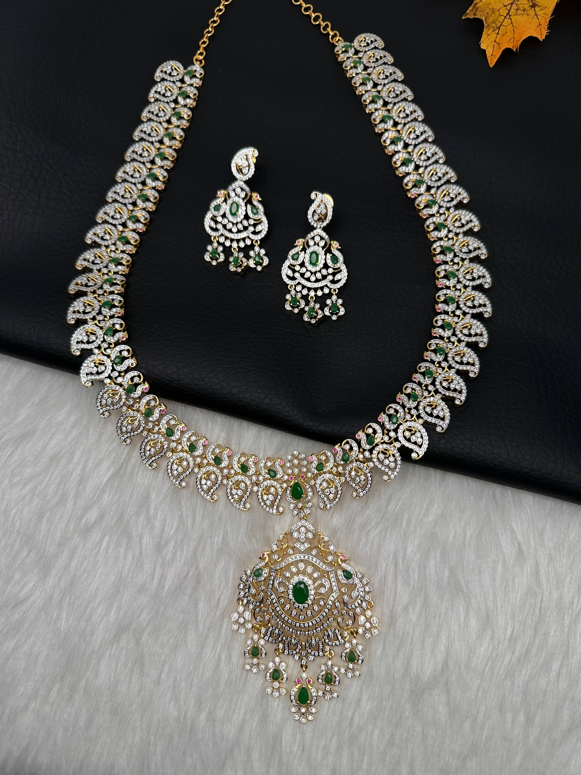 AD  Color Stone Diamond Finish Mango Long Necklace - Green