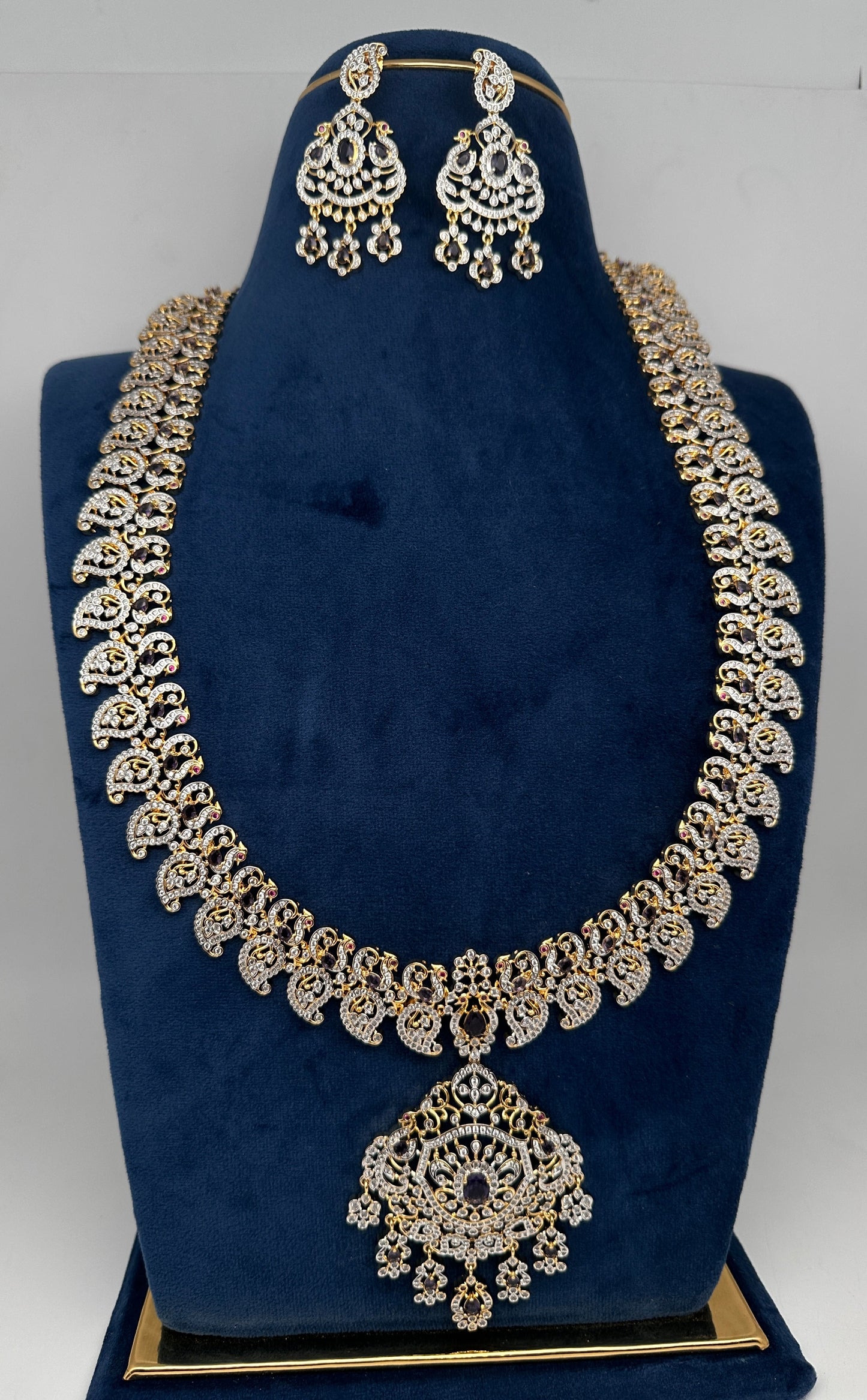 AD  Color Stone Diamond Finish Mango Long Necklace - Purple