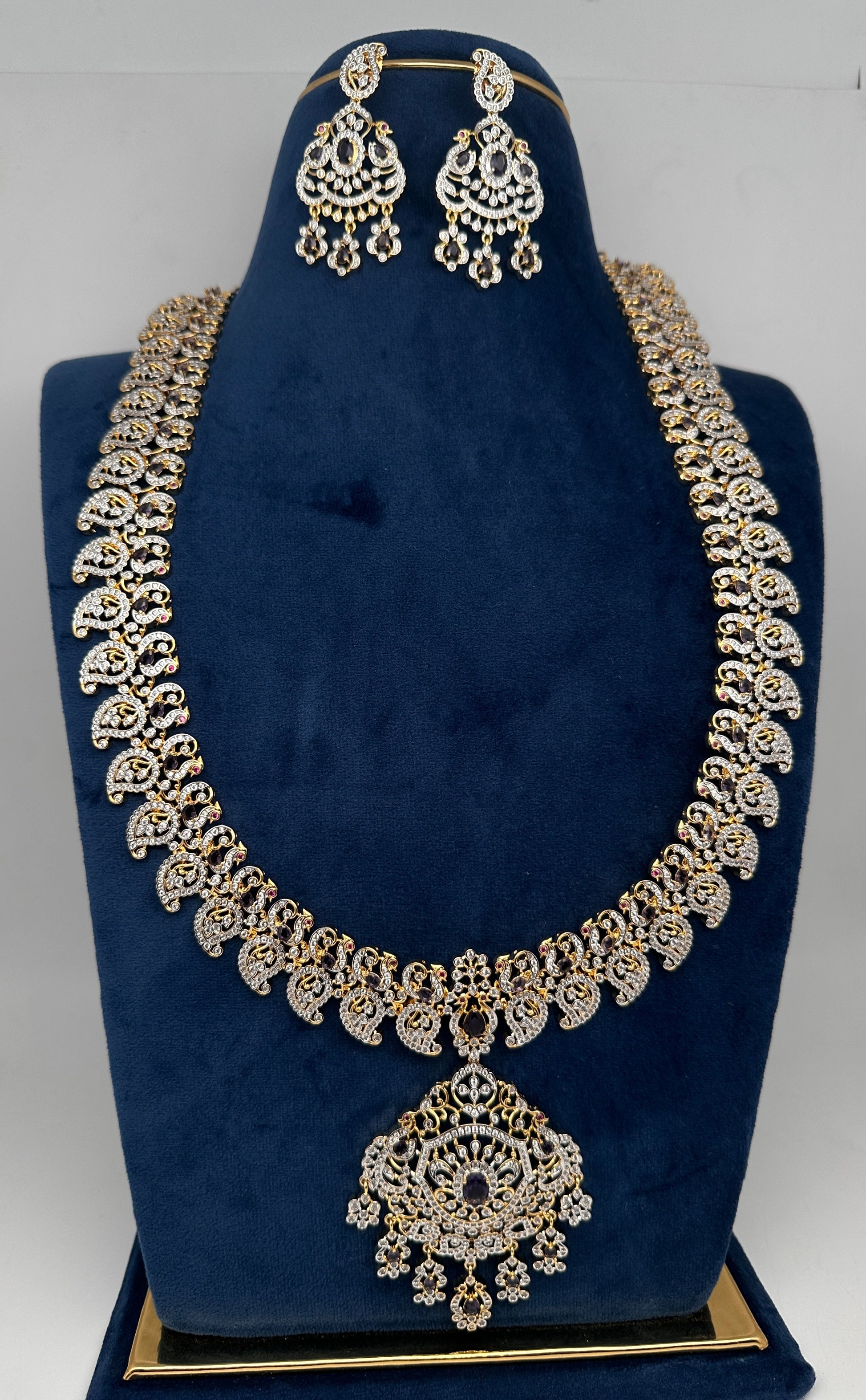 AD  Color Stone Diamond Finish Mango Long Necklace - Purple