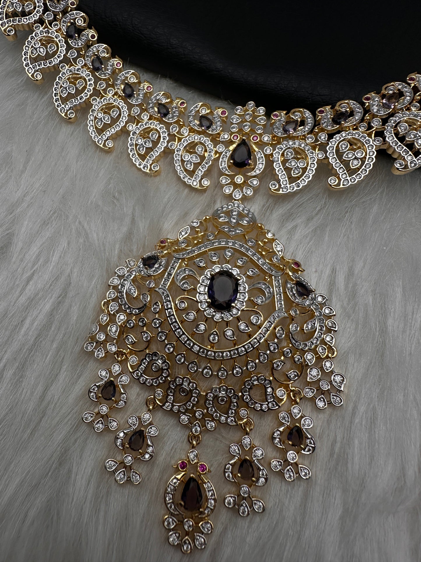 AD  Color Stone Diamond Finish Mango Long Necklace - Purple