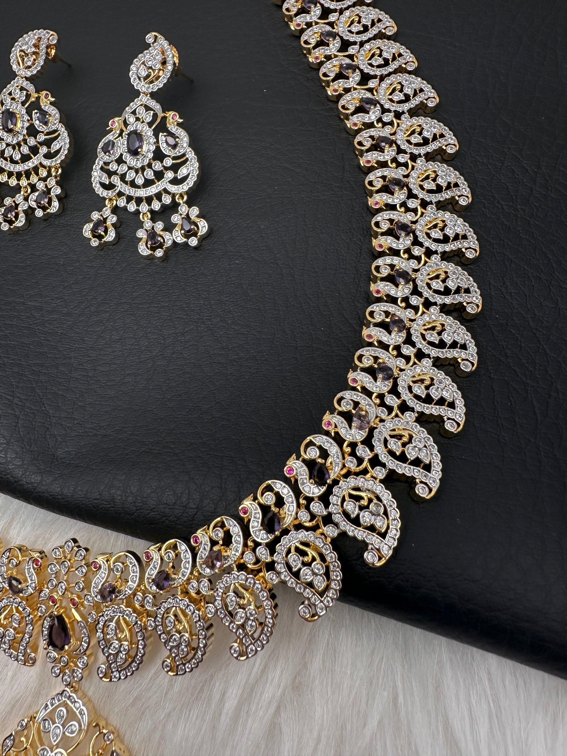 AD  Color Stone Diamond Finish Mango Long Necklace - Purple