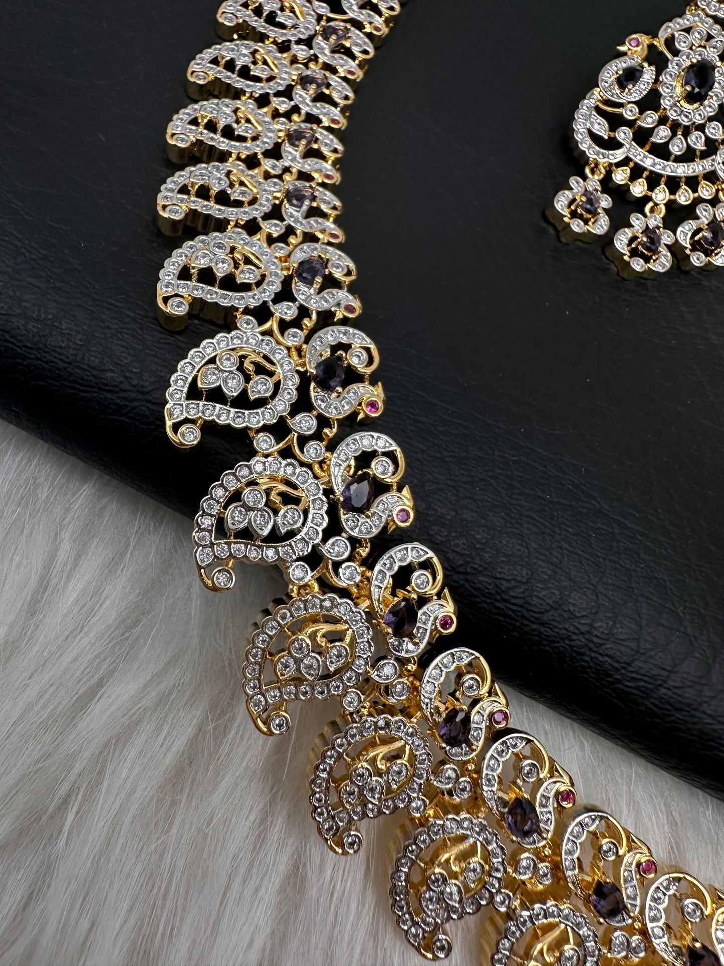 AD  Color Stone Diamond Finish Mango Long Necklace - Purple