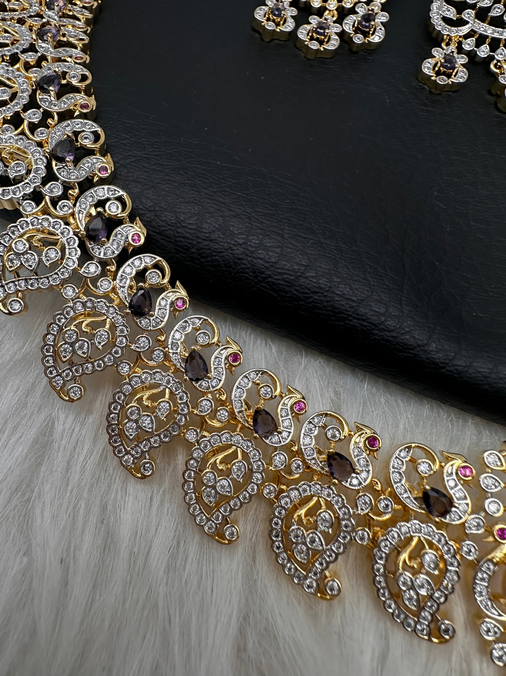 AD  Color Stone Diamond Finish Mango Long Necklace - Purple