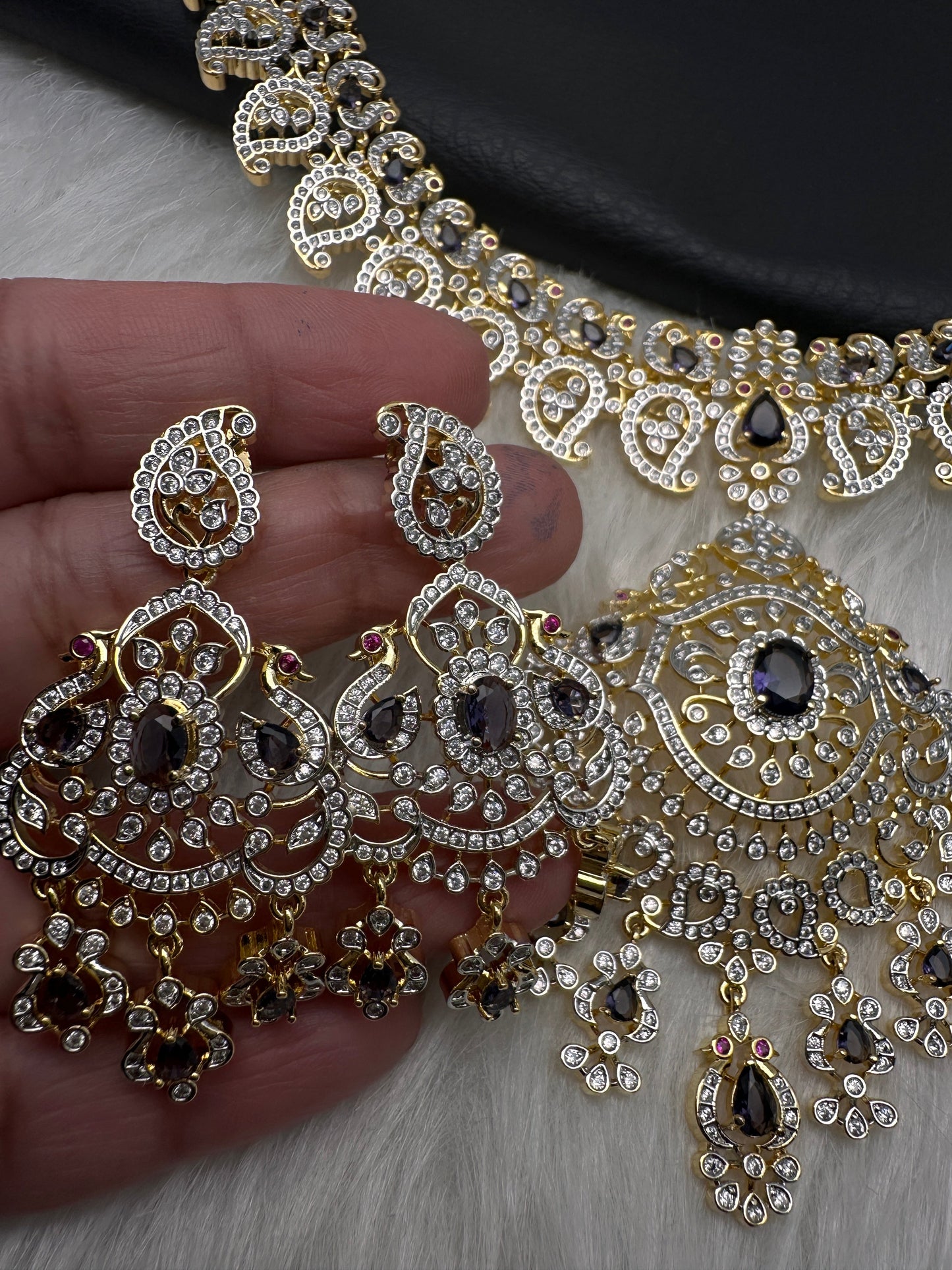 AD  Color Stone Diamond Finish Mango Long Necklace - Purple