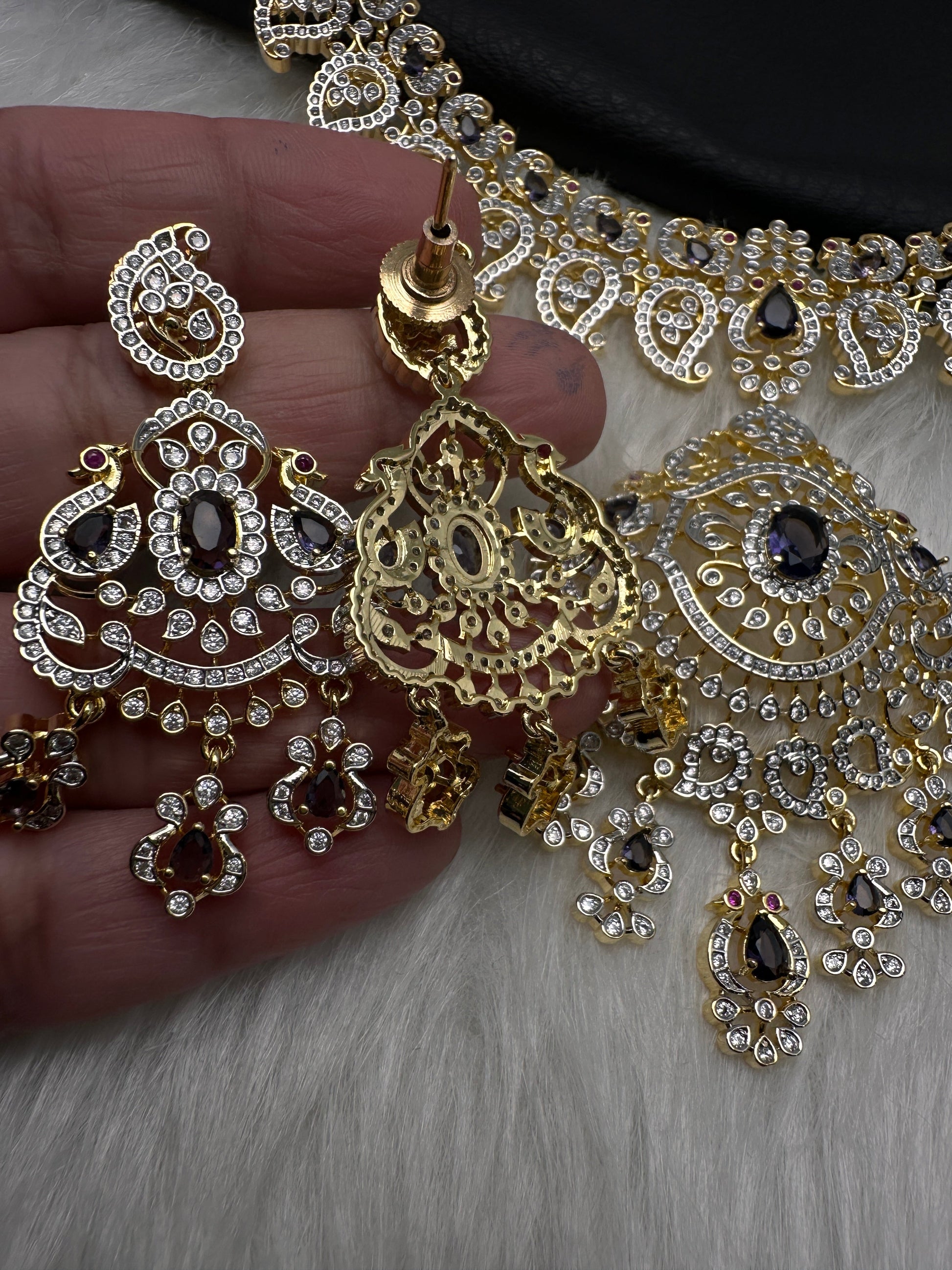 AD  Color Stone Diamond Finish Mango Long Necklace - Purple