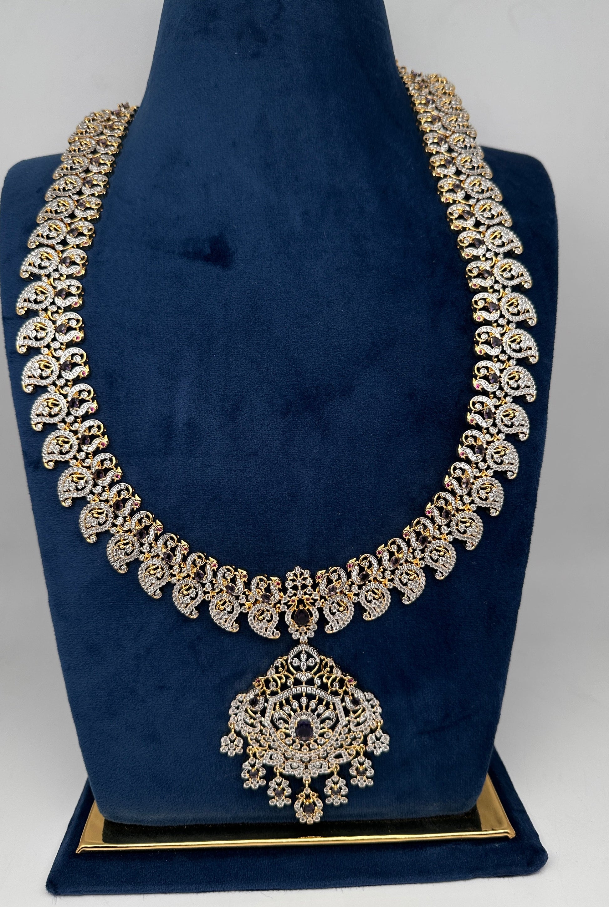 AD  Color Stone Diamond Finish Mango Long Necklace - Purple