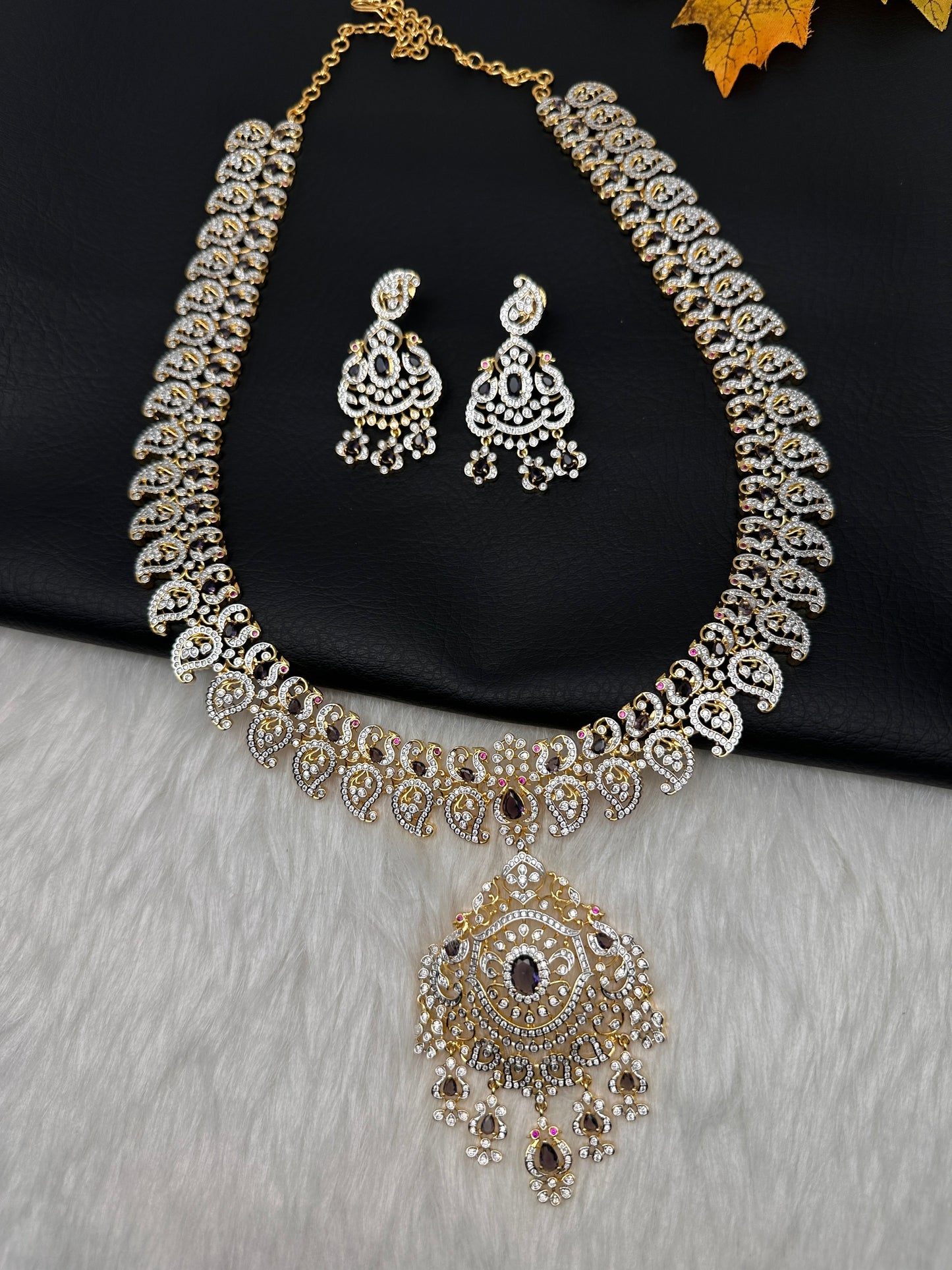 AD  Color Stone Diamond Finish Mango Long Necklace - Purple