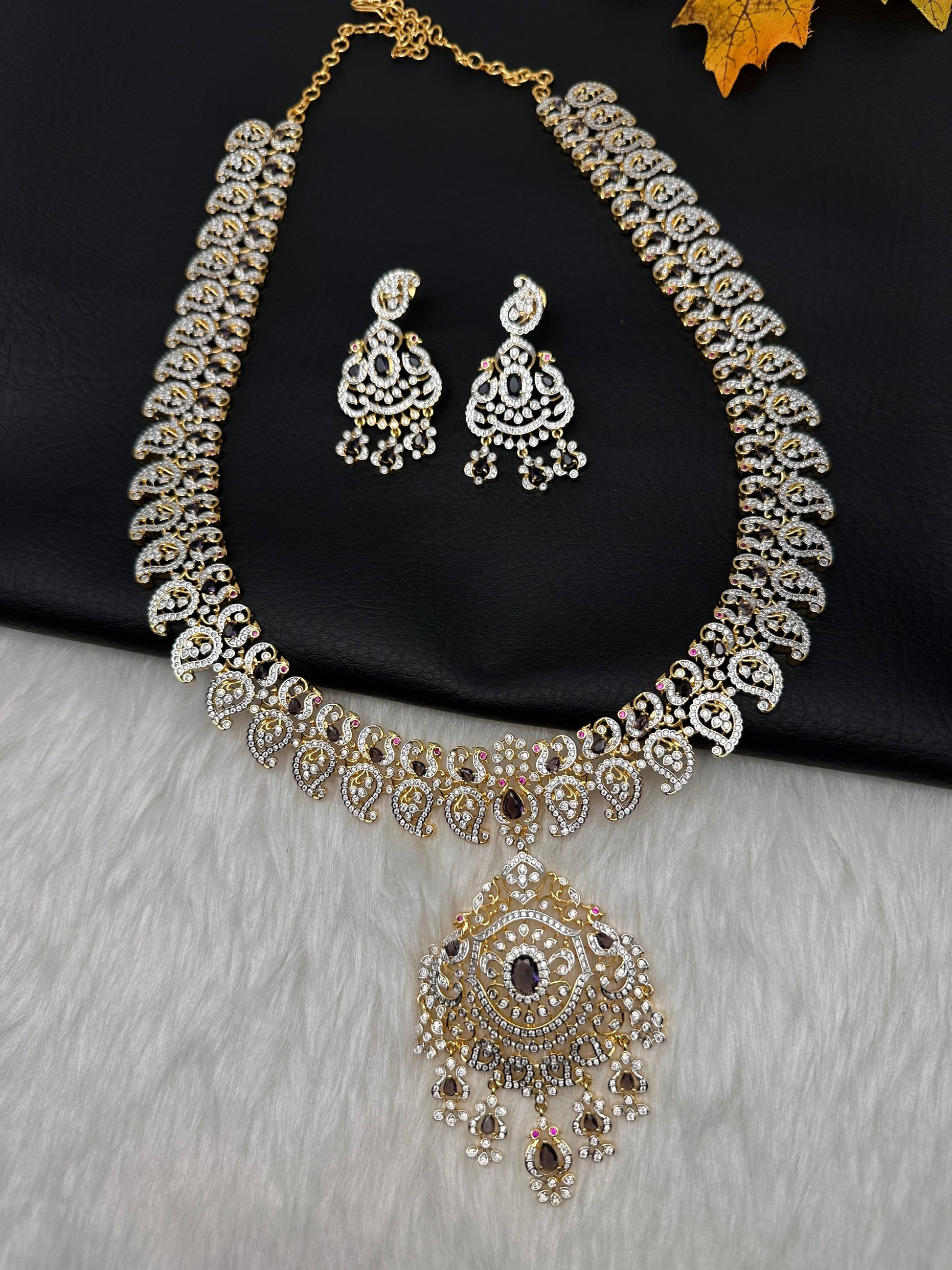 AD  Color Stone Diamond Finish Mango Long Necklace - Purple