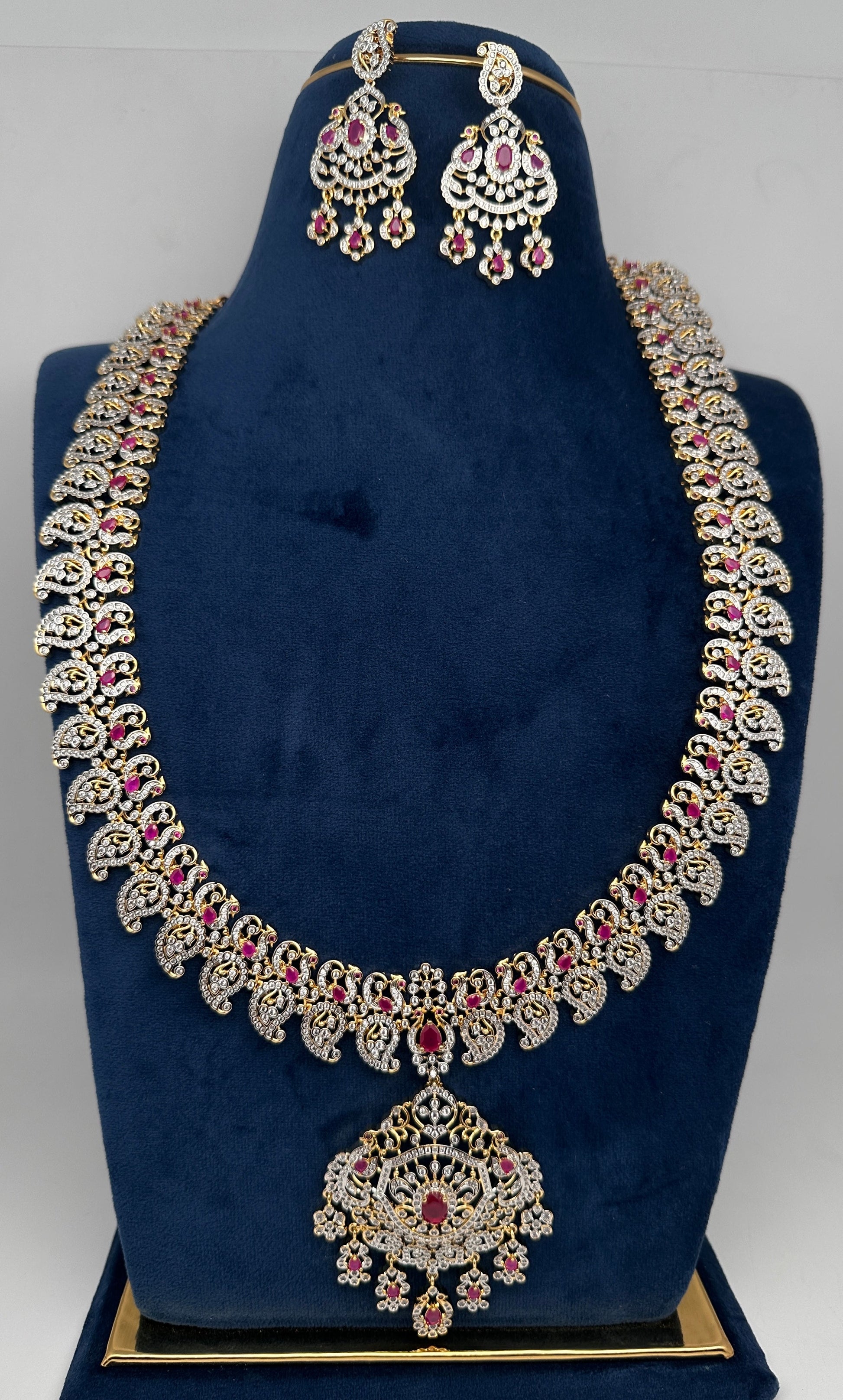 AD  Color Stone Diamond Finish Mango Long Necklace - Red