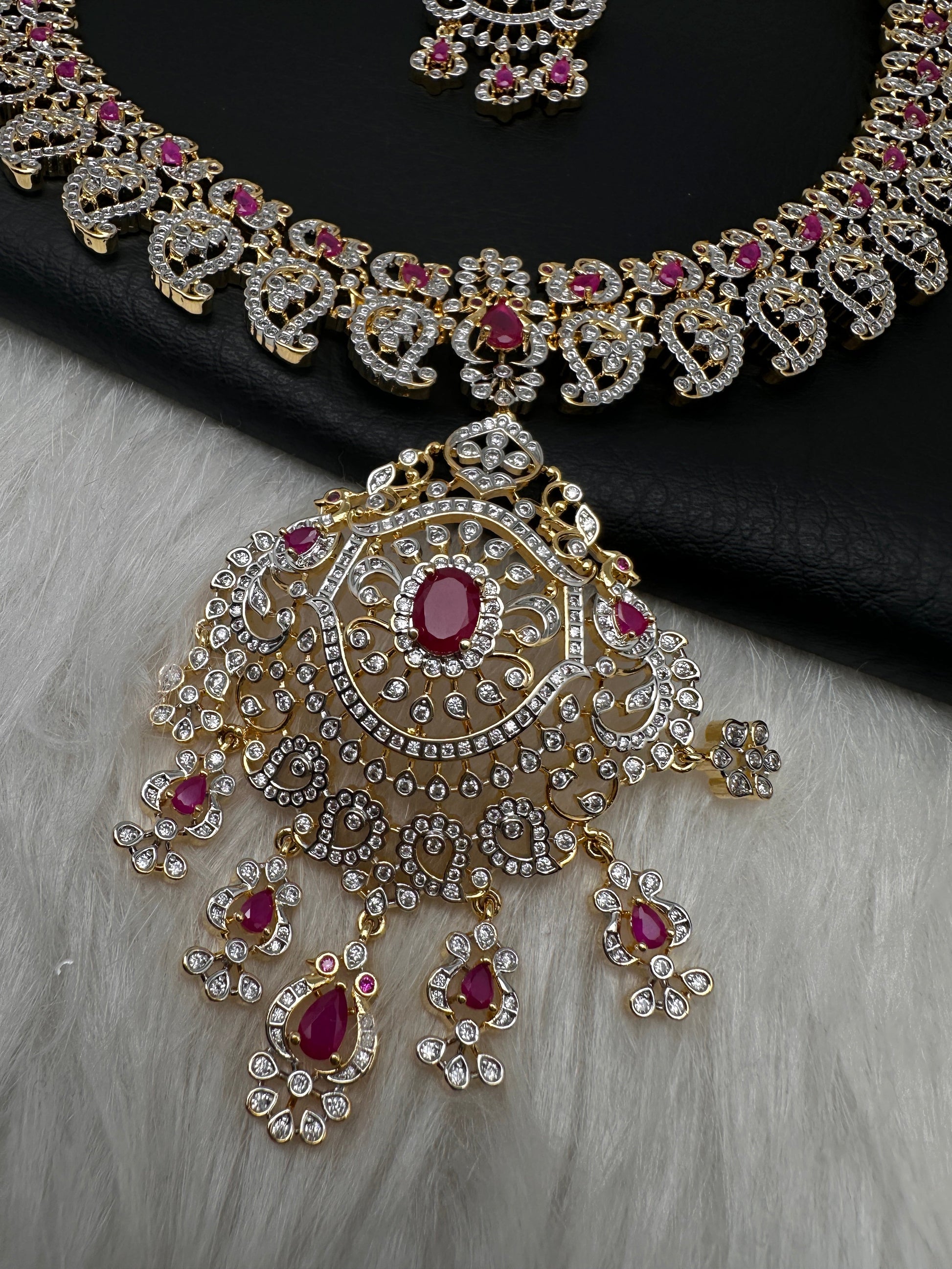 AD  Color Stone Diamond Finish Mango Long Necklace - Red