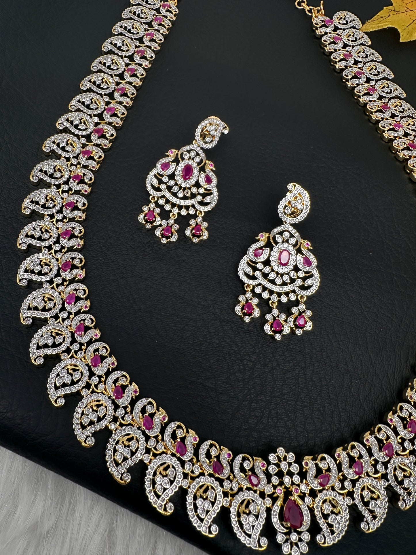 AD  Color Stone Diamond Finish Mango Long Necklace - Red