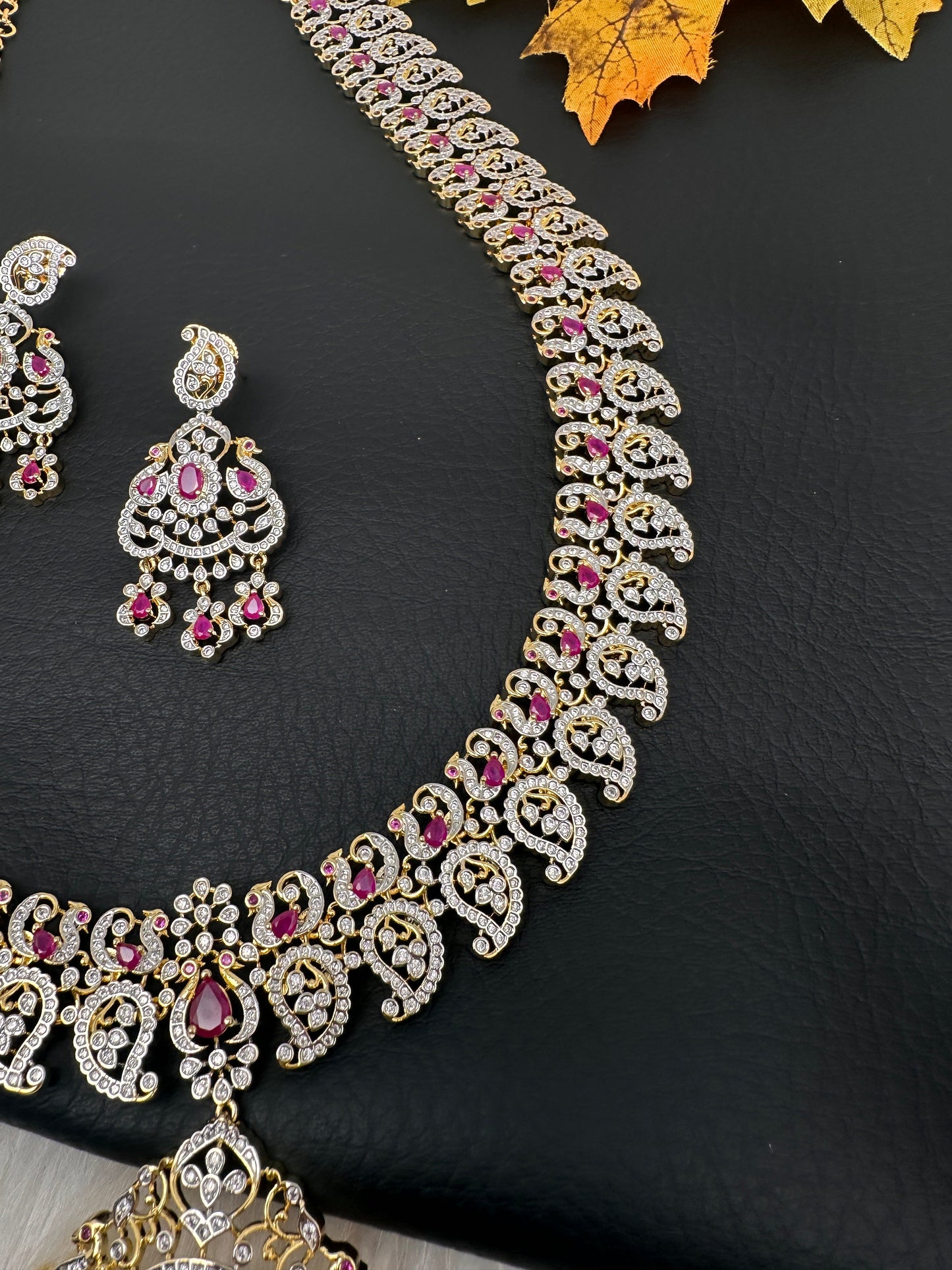 AD  Color Stone Diamond Finish Mango Long Necklace - Red