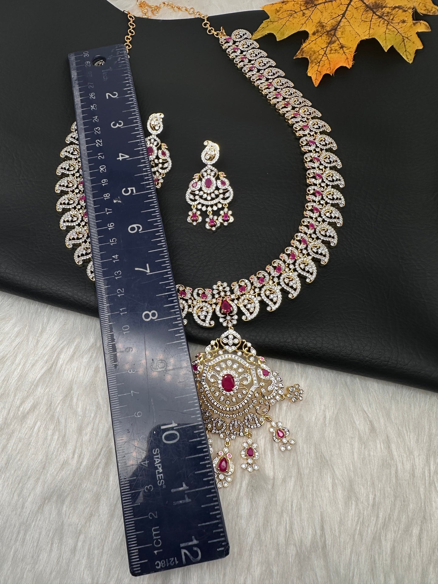 AD  Color Stone Diamond Finish Mango Long Necklace - Red