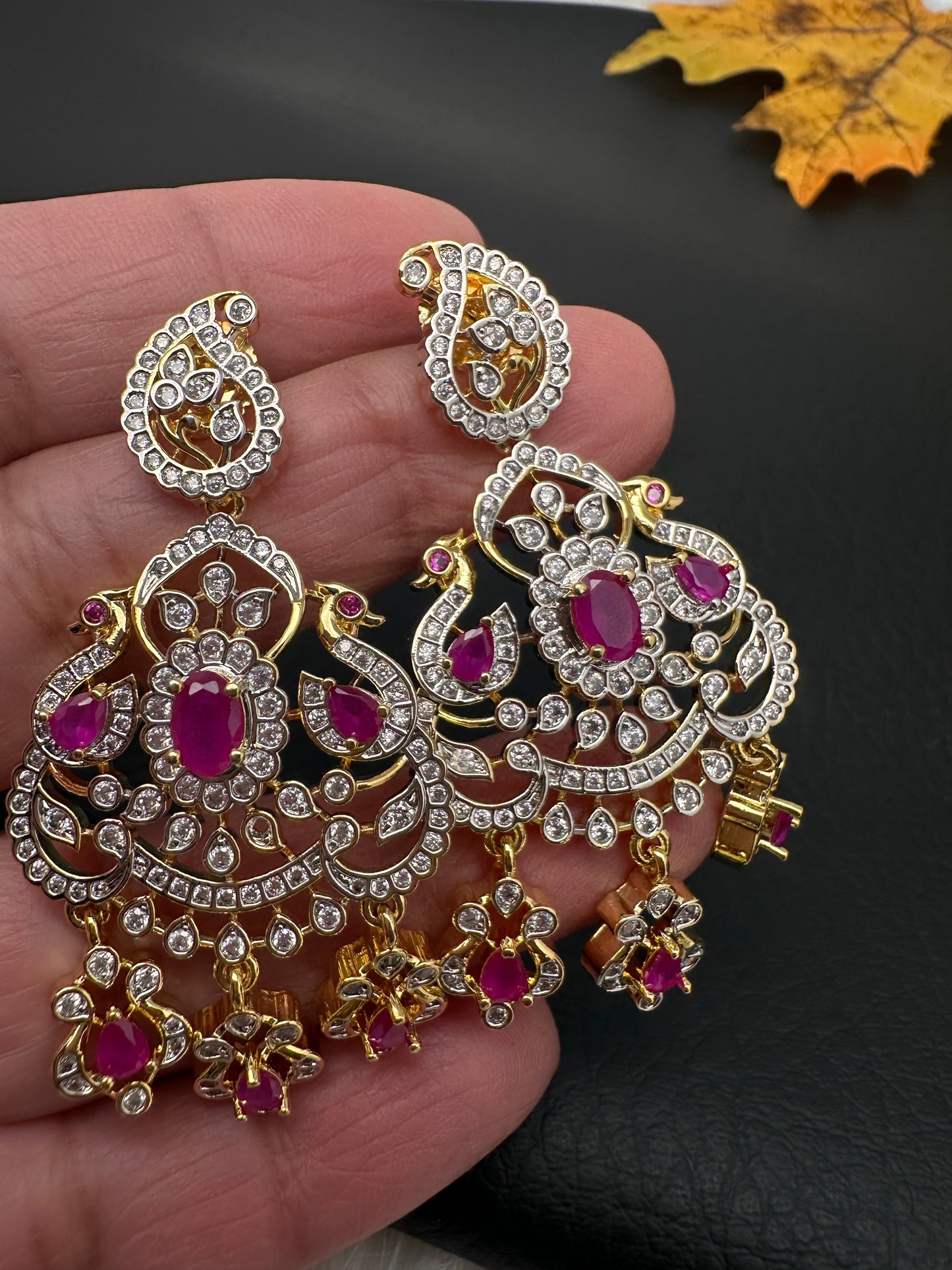 AD  Color Stone Diamond Finish Mango Long Necklace - Red