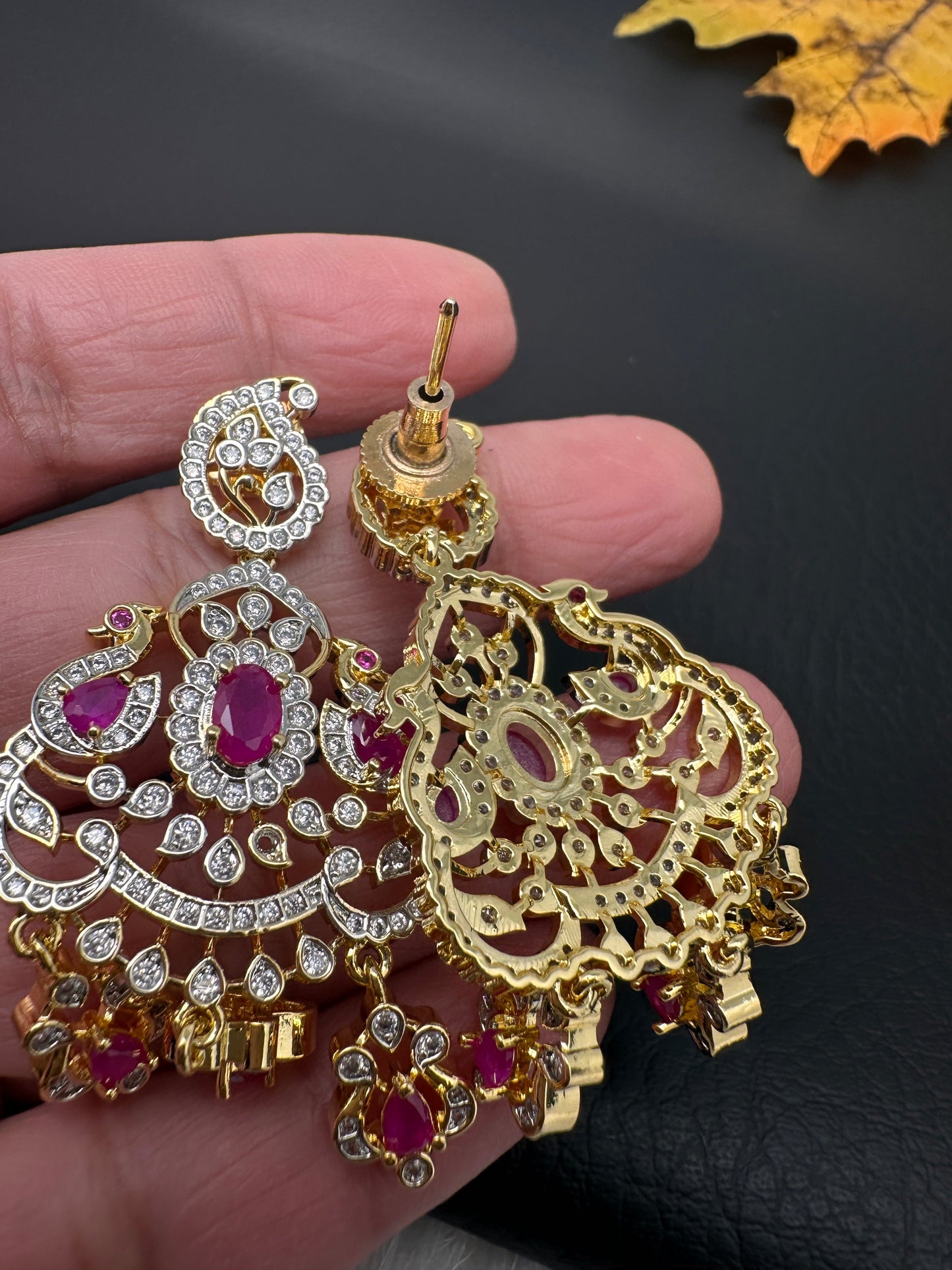 AD  Color Stone Diamond Finish Mango Long Necklace - Red