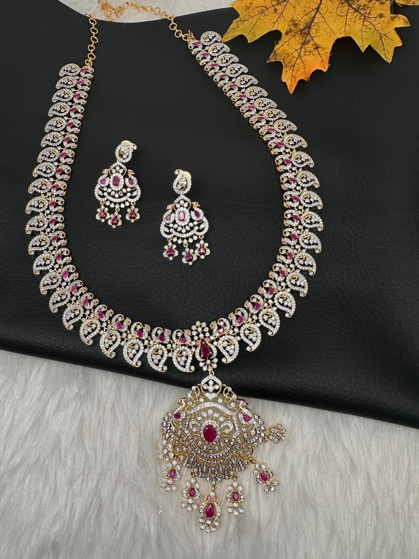 AD  Color Stone Diamond Finish Mango Long Necklace - Red