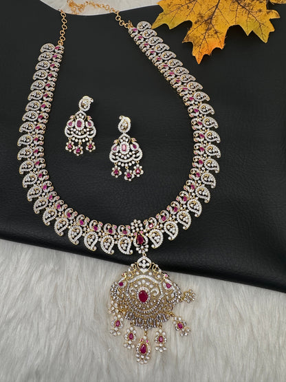 AD  Color Stone Diamond Finish Mango Long Necklace - Red