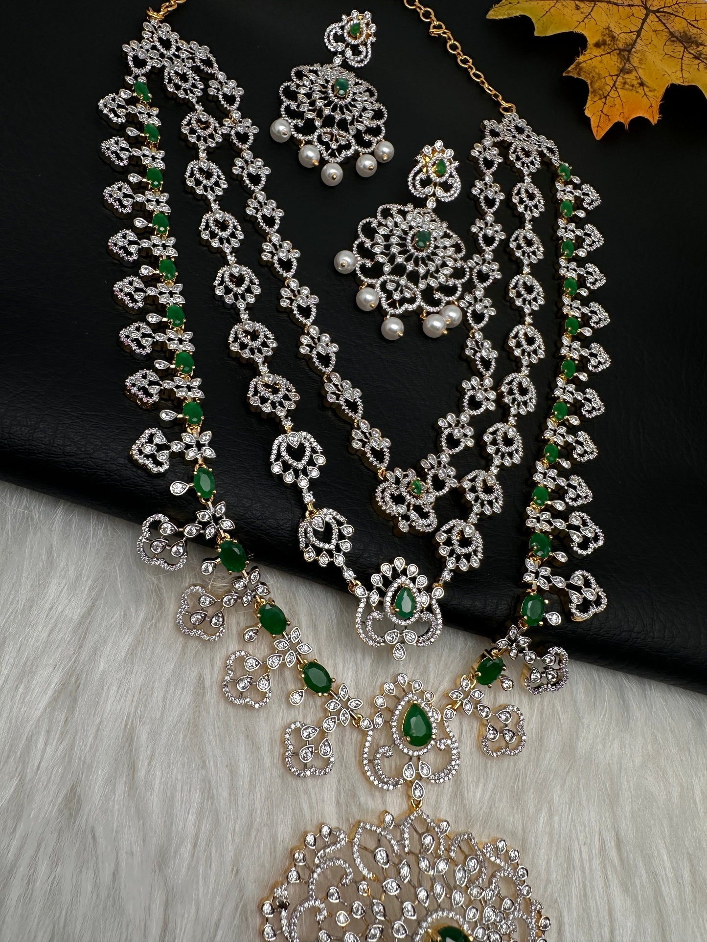 AD  Color Stone Diamond Finish Mango Long Necklace - Green