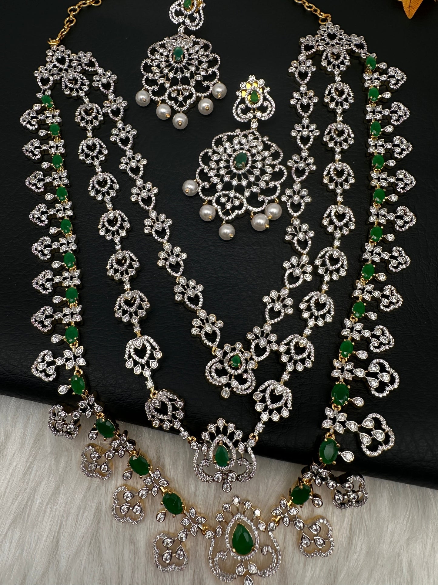 AD  Color Stone Diamond Finish Mango Long Necklace - Green