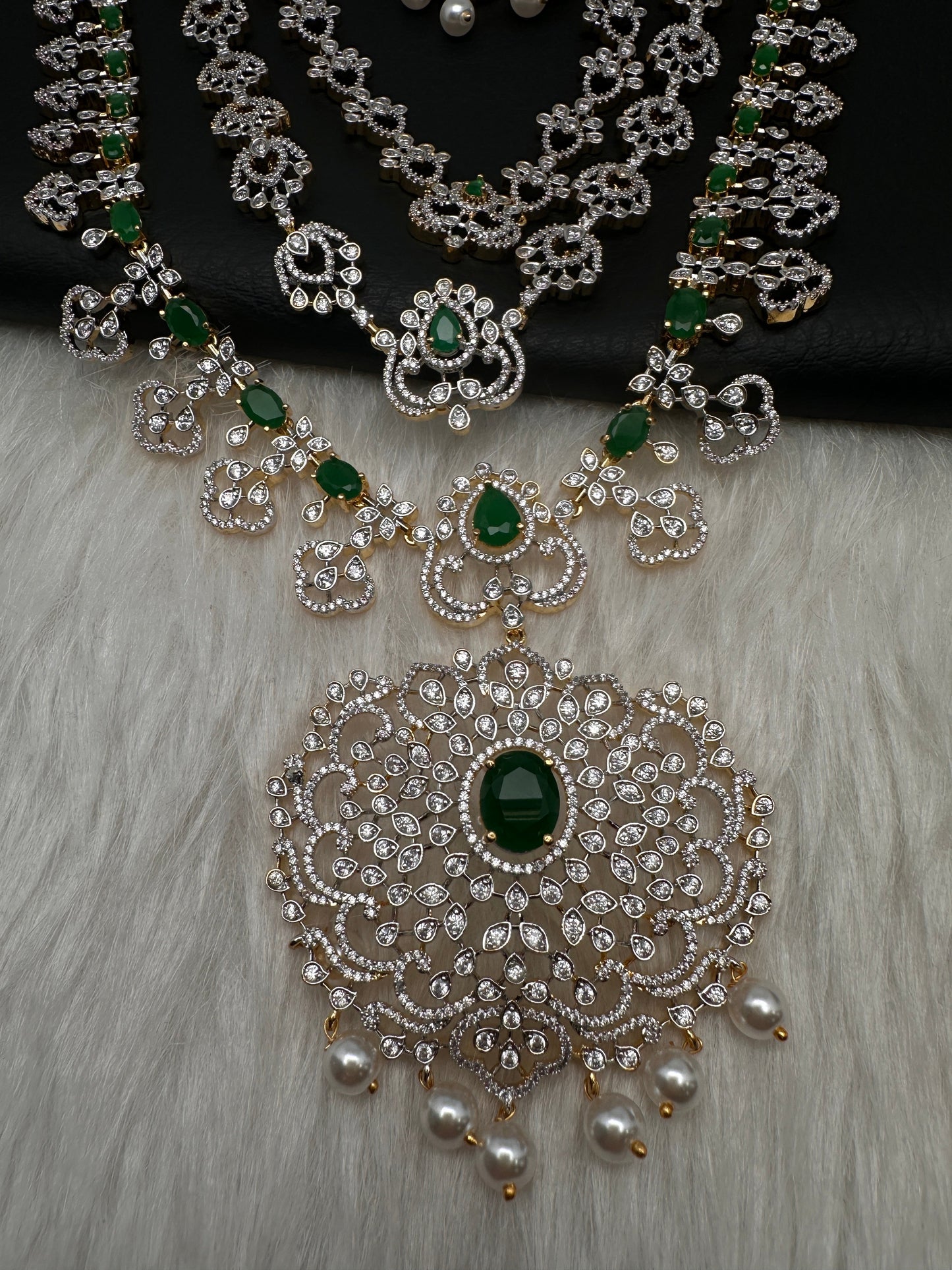 AD  Color Stone Diamond Finish Mango Long Necklace - Green