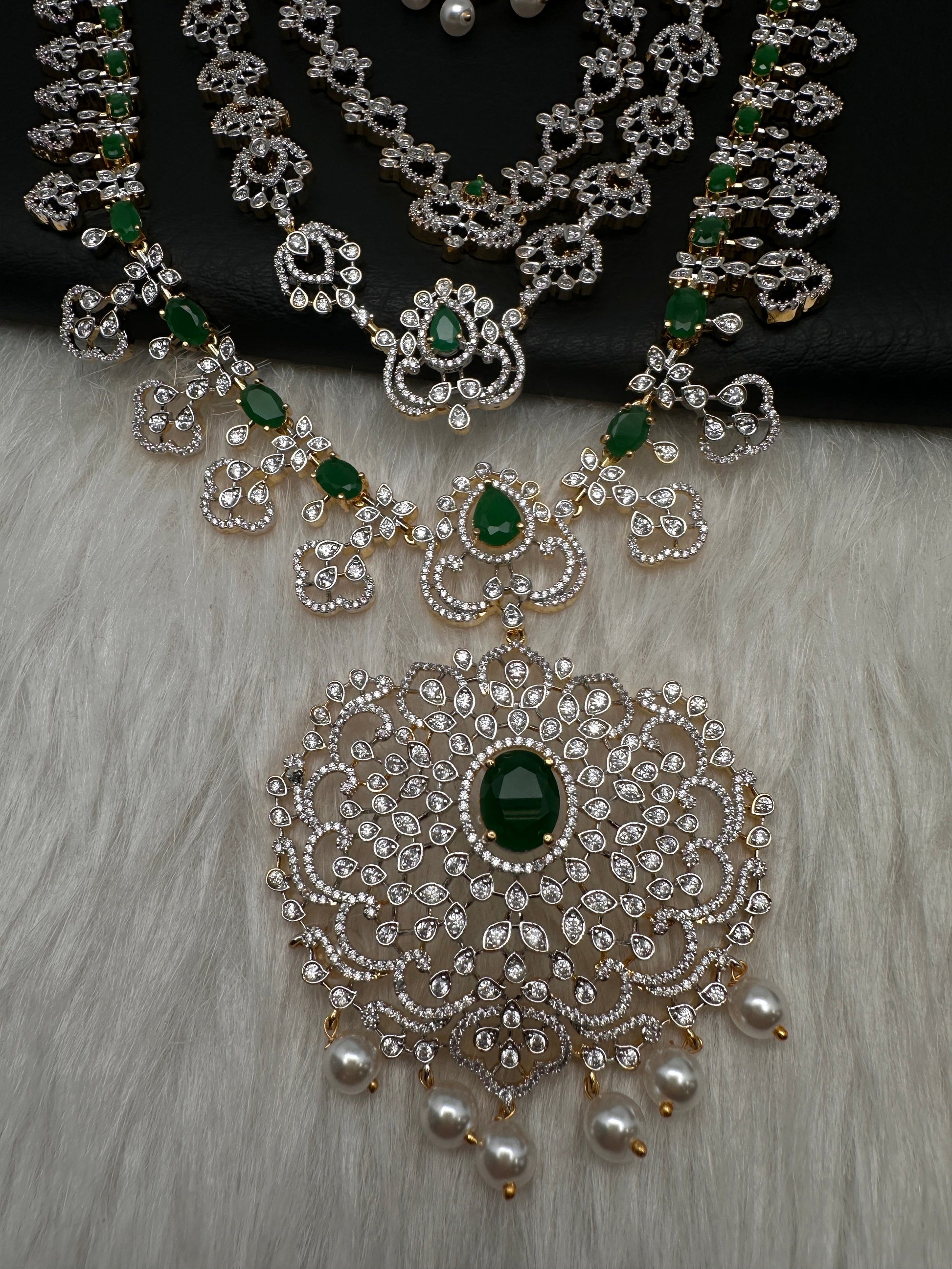 AD  Color Stone Diamond Finish Mango Long Necklace - Green