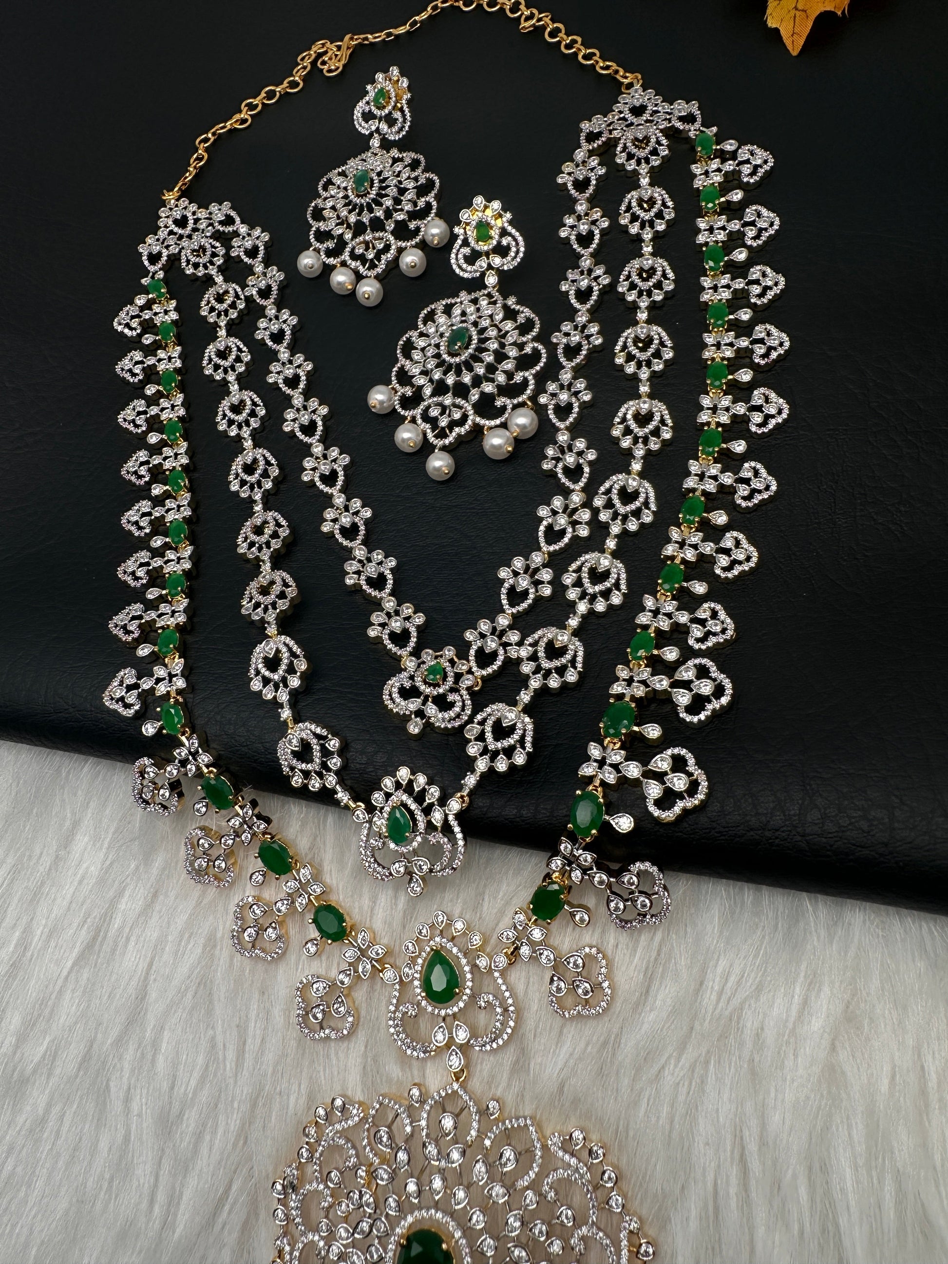 AD  Color Stone Diamond Finish Mango Long Necklace - Green