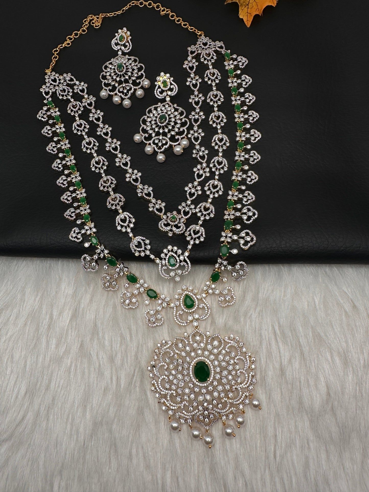 AD  Color Stone Diamond Finish Mango Long Necklace - Green