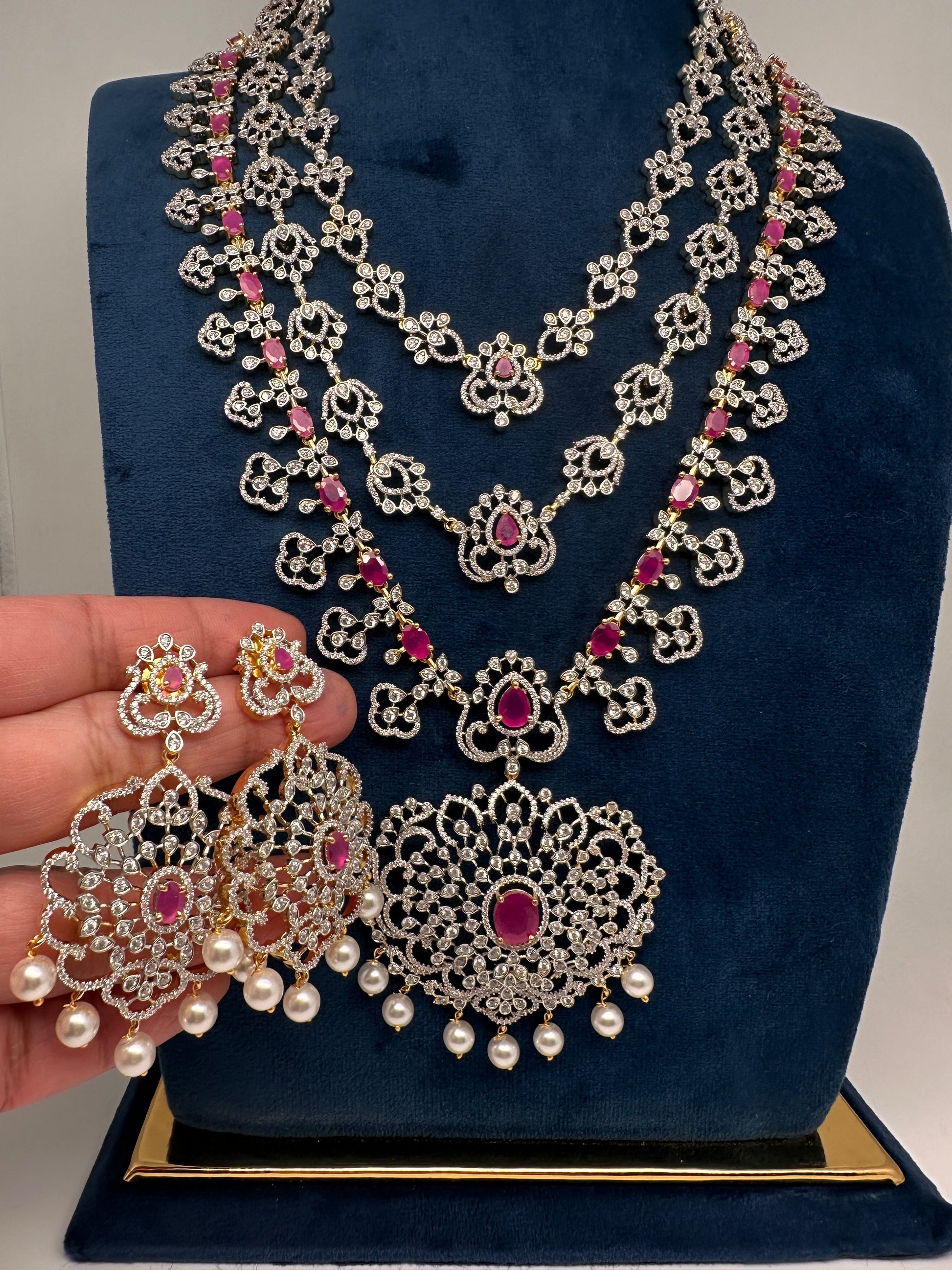 AD  Color Stone Multi Layer Long Necklace - Red