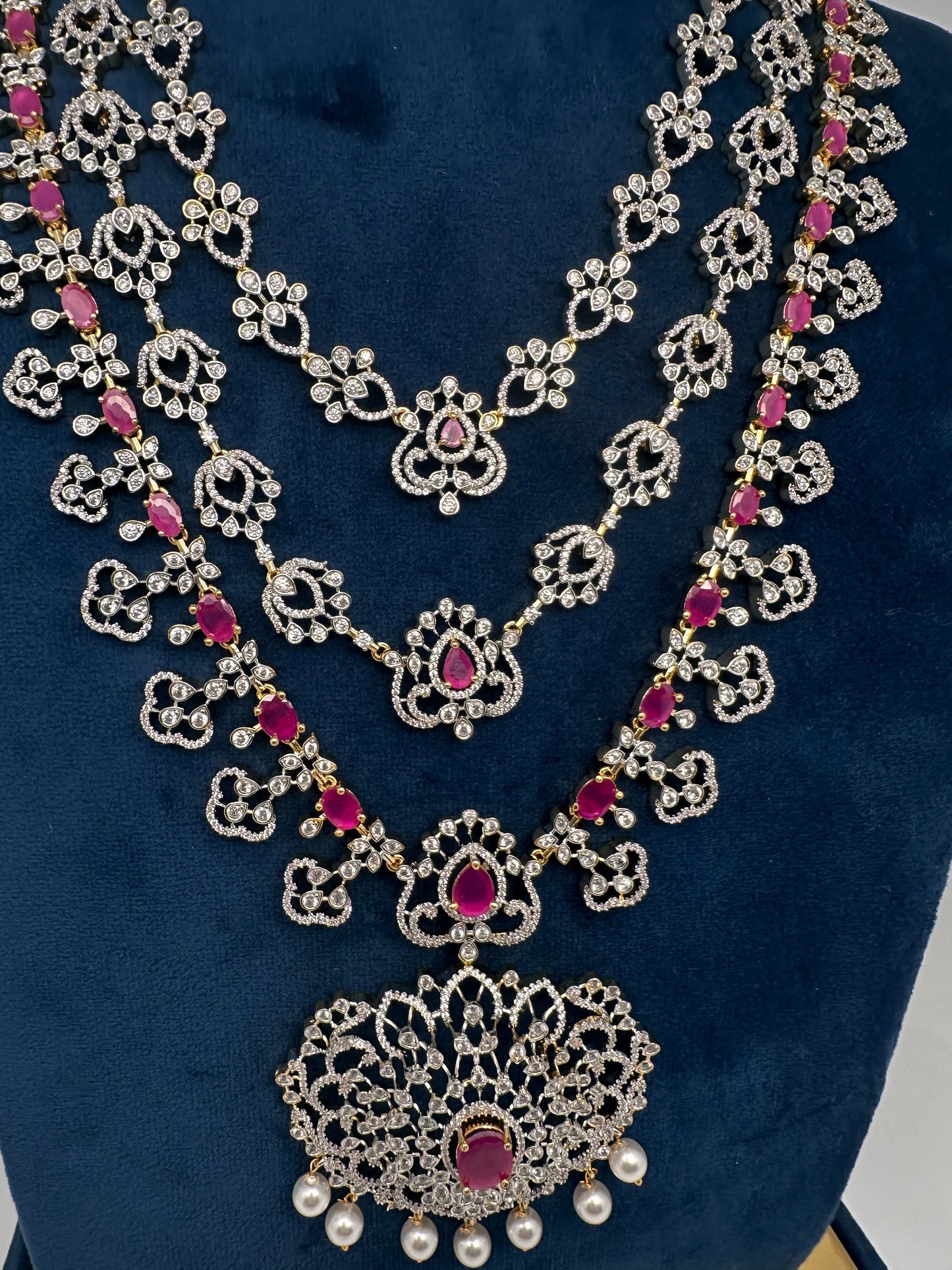 AD  Color Stone Multi Layer Long Necklace - Red