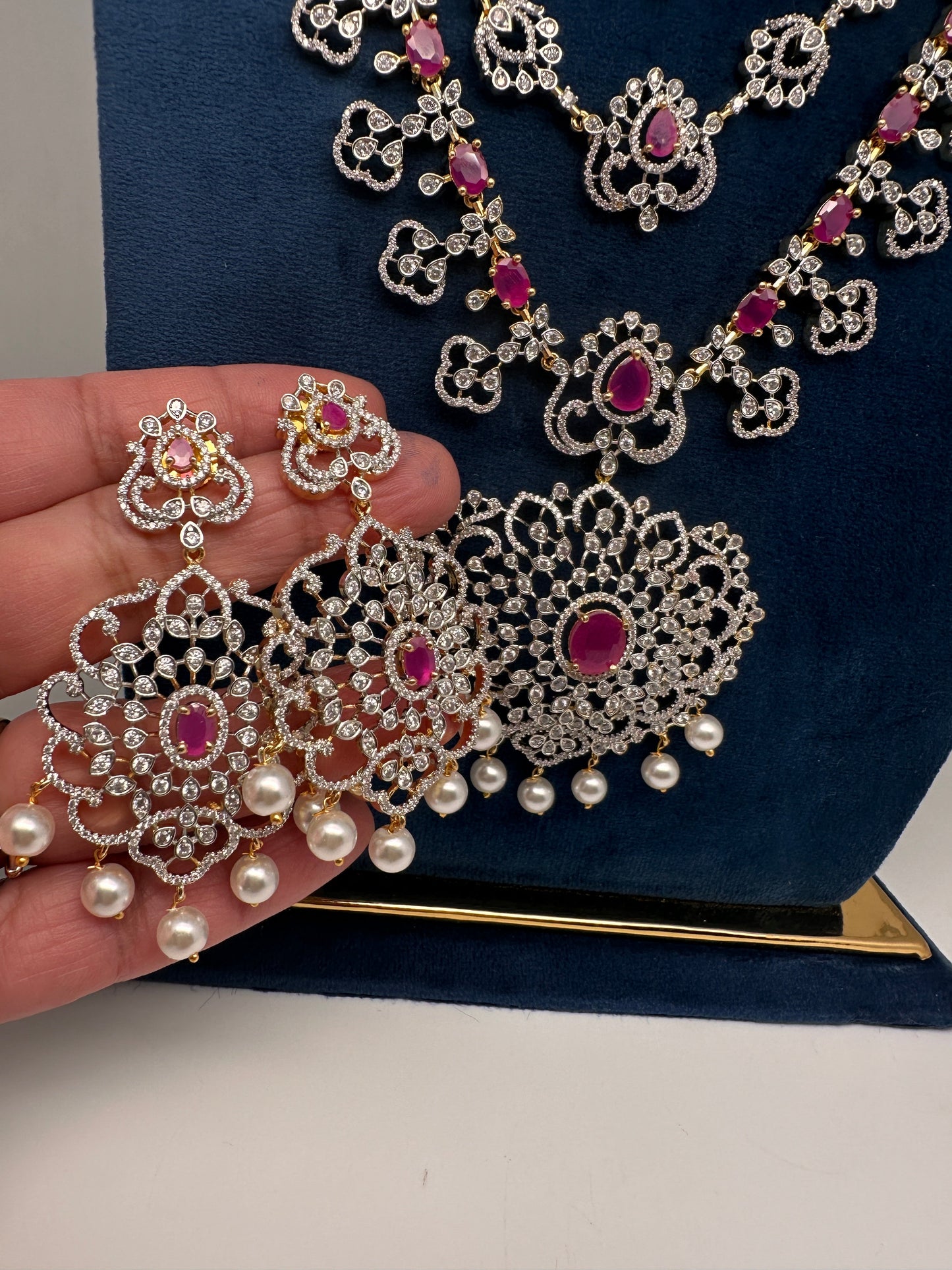 AD  Color Stone Multi Layer Long Necklace - Red