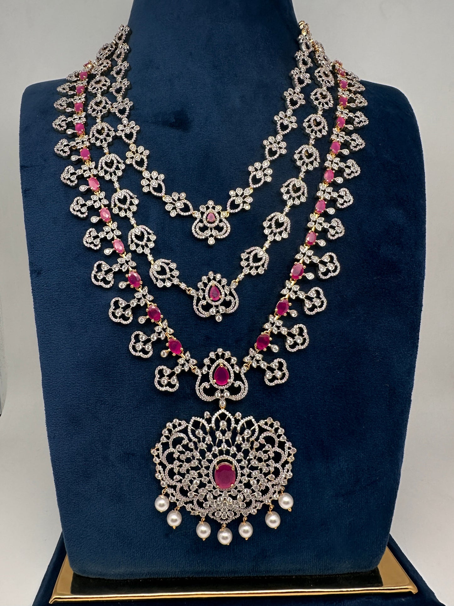 AD  Color Stone Multi Layer Long Necklace - Red