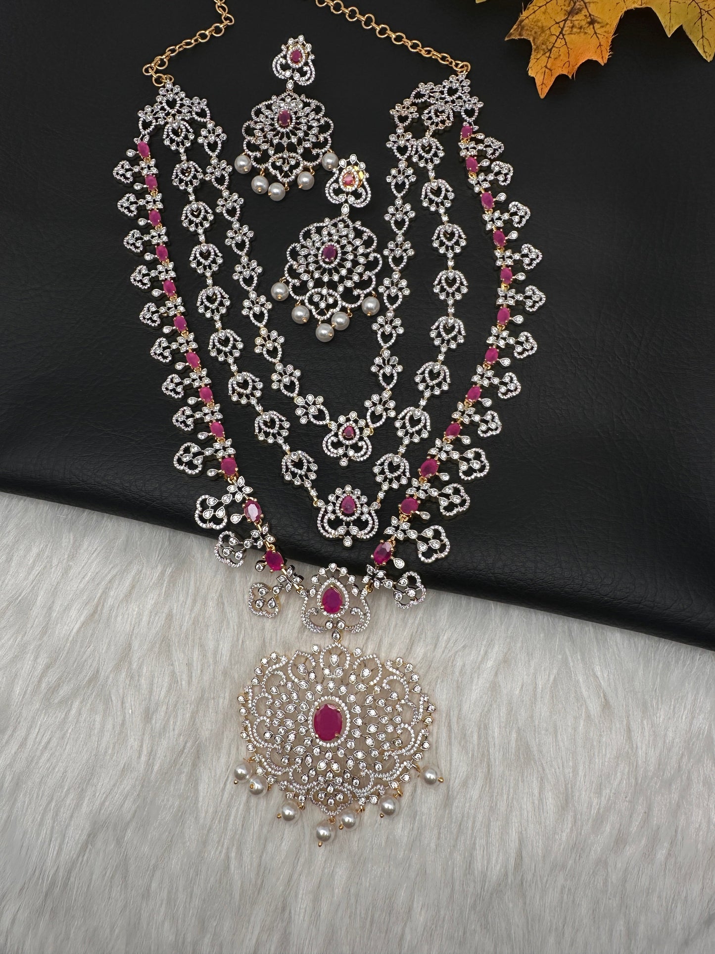 AD  Color Stone Multi Layer Long Necklace - Red