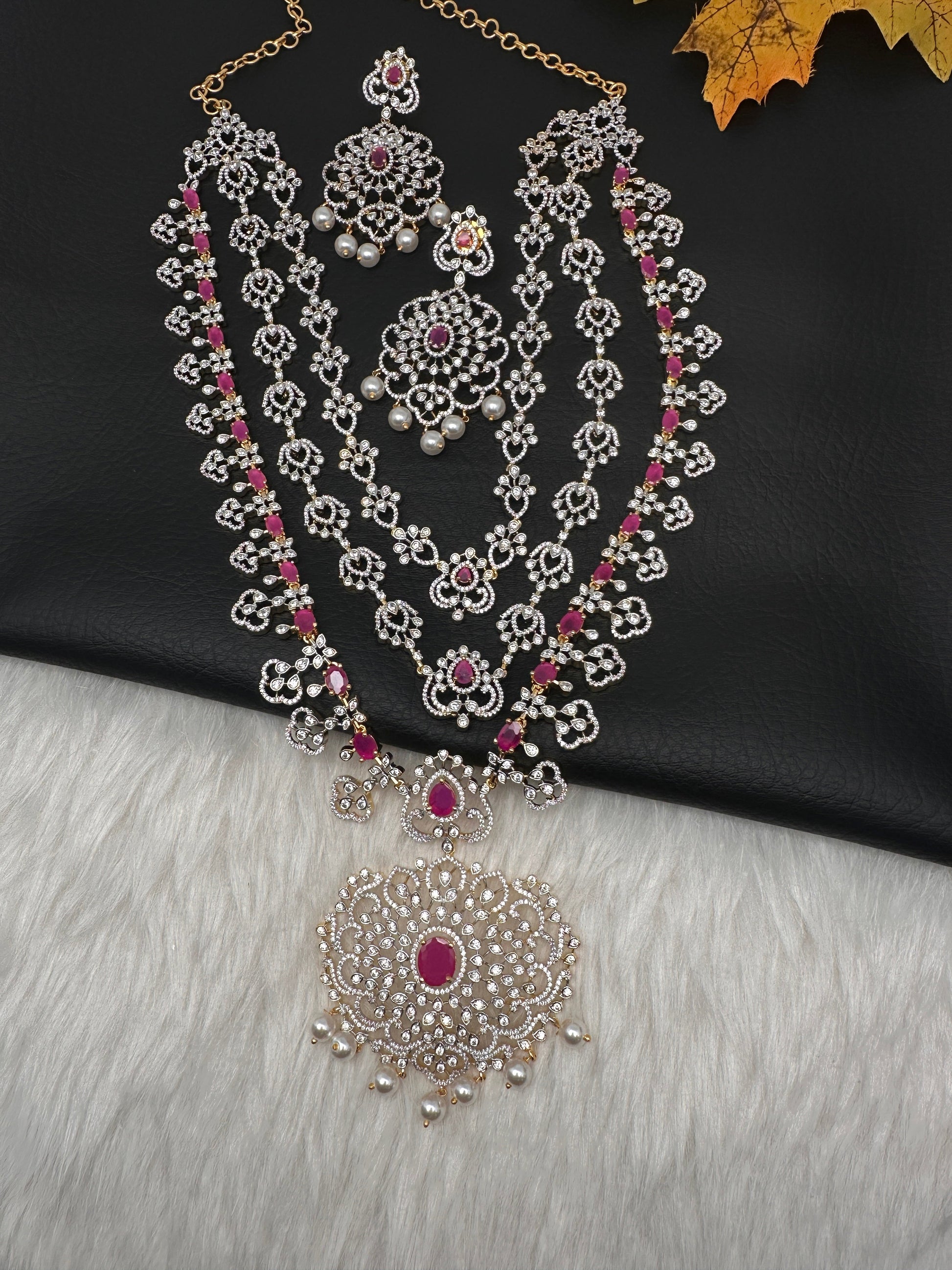 AD  Color Stone Multi Layer Long Necklace - Red