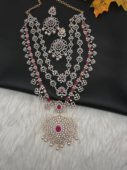 AD  Color Stone Multi Layer Long Necklace - Red